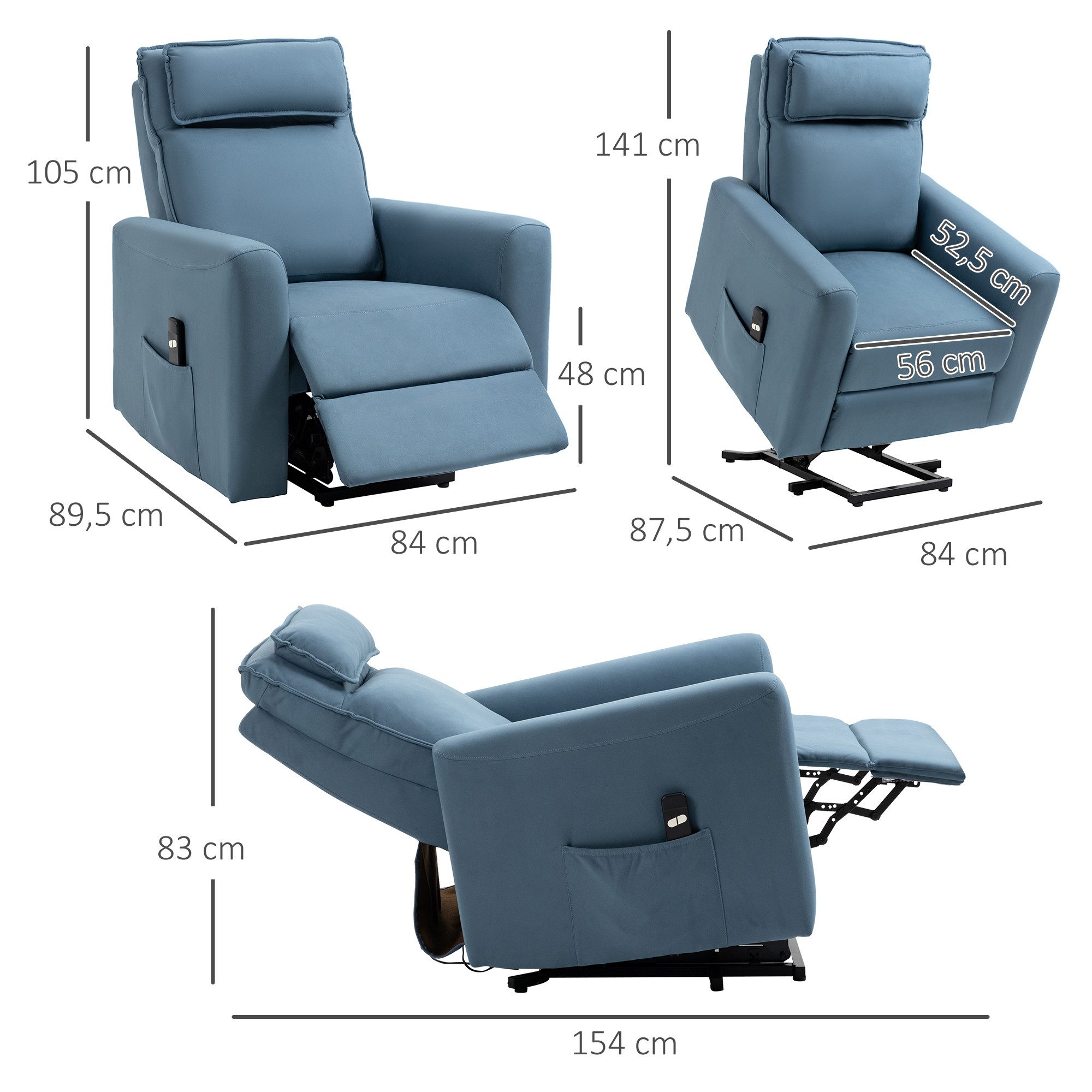 HOMCOM Massagesessel elektrischer Aufstehsessel Relaxsessel mit Aufstehhilfe (gepolstert TV Sessel mit Seitentasche, 1-St., Fernsehsessel mit Liegefunktion), Samt, Blau