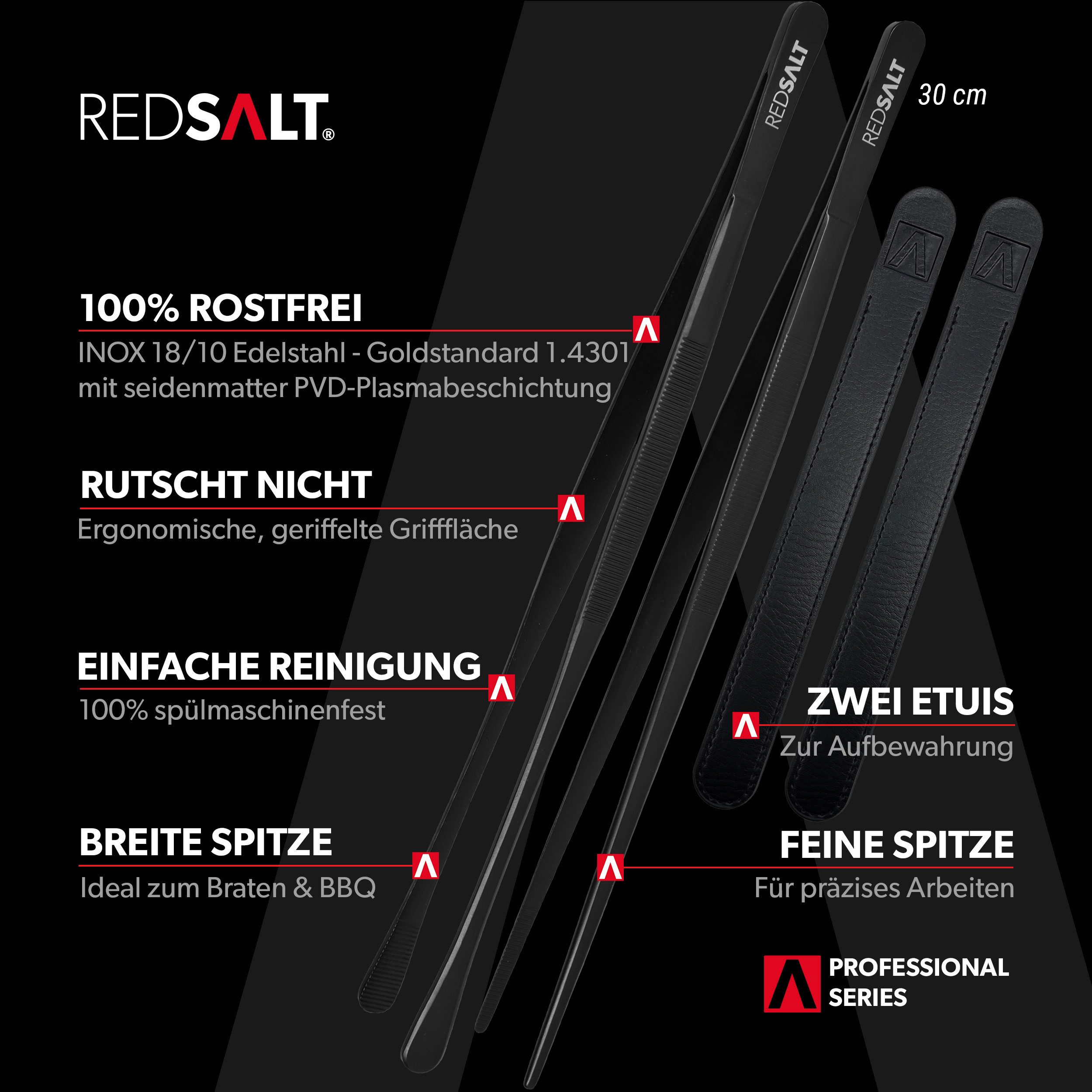 REDSALT® Kochpinzette Black Edition 2er Set Fein & Breit PVD-Plasmabeschichtung, INOX 18/10 Edelstahl Goldstandard 1.4301