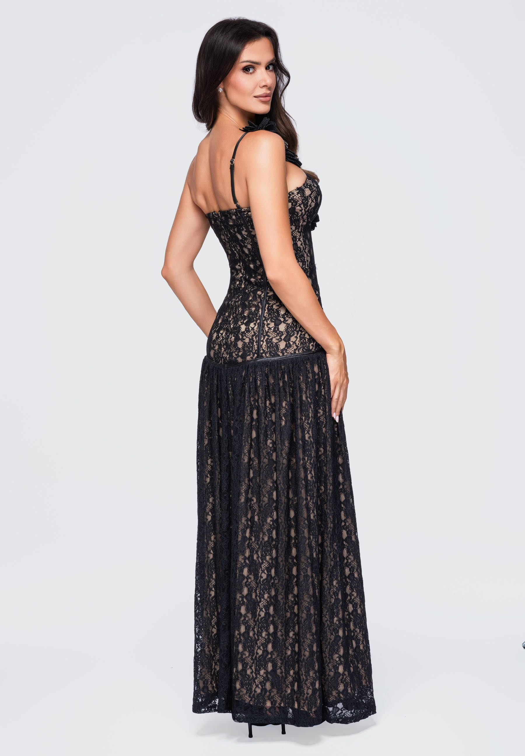 OMBRE Abendkleid Damen Abendkleid mit floralem Design und schmaler Passform Schwarz S (kein Set, 1-tlg)