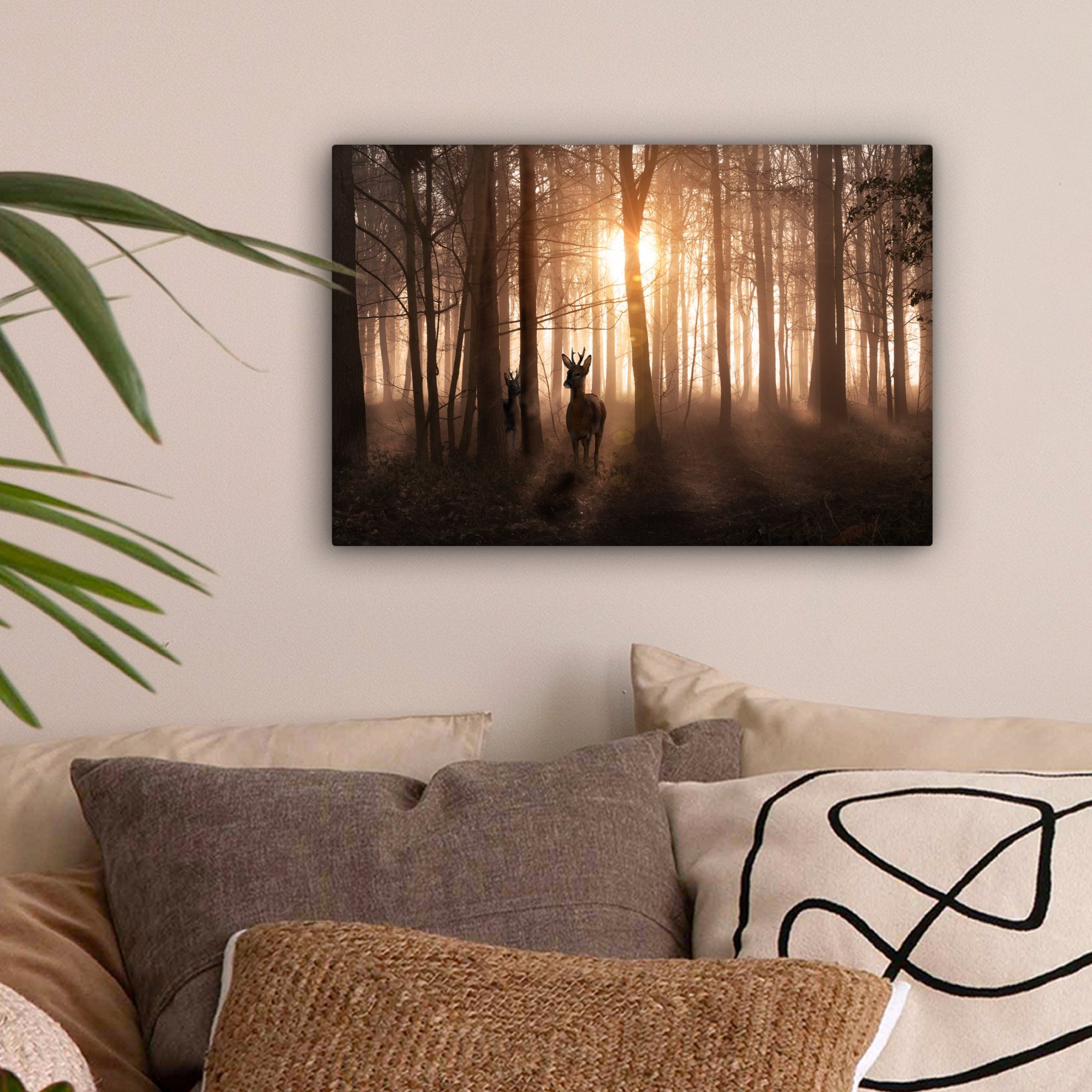 OneMillionCanvasses® Leinwandbild Wald - Hirsche - Sonne - Bäume - Winter - günstig online kaufen