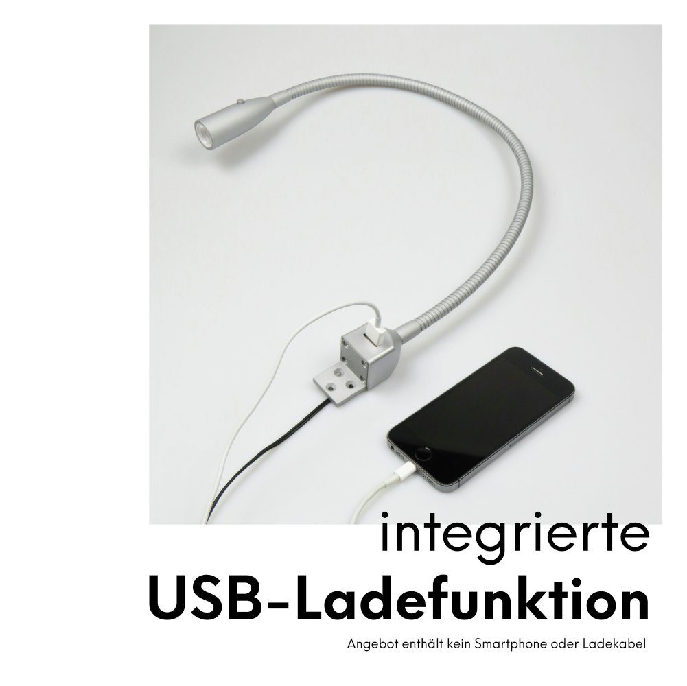 Ladefunktion Set Bettleuchte silbergrau, warmweiß Leseleuchte Flexible silbergrau, inkl. LED kalb 1er USB Alu