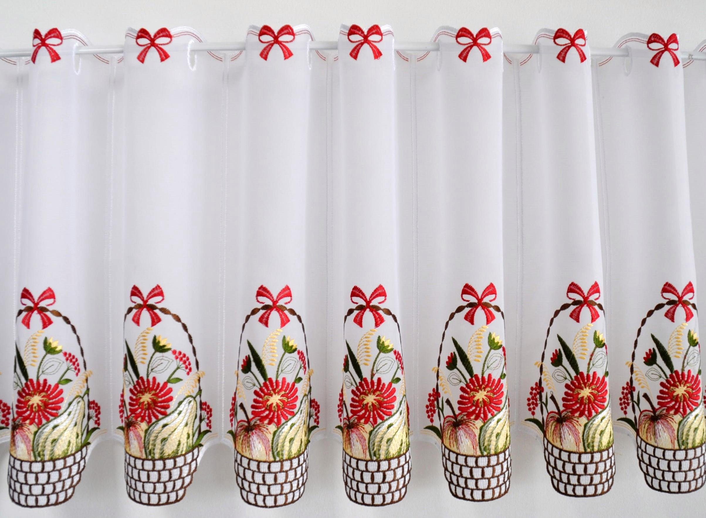 Stickereien Plauen Scheibengardine Obstkorb (1 St), Stangendurchzug, transparent, Voile, mit echter Plauener Spitze Stickerei