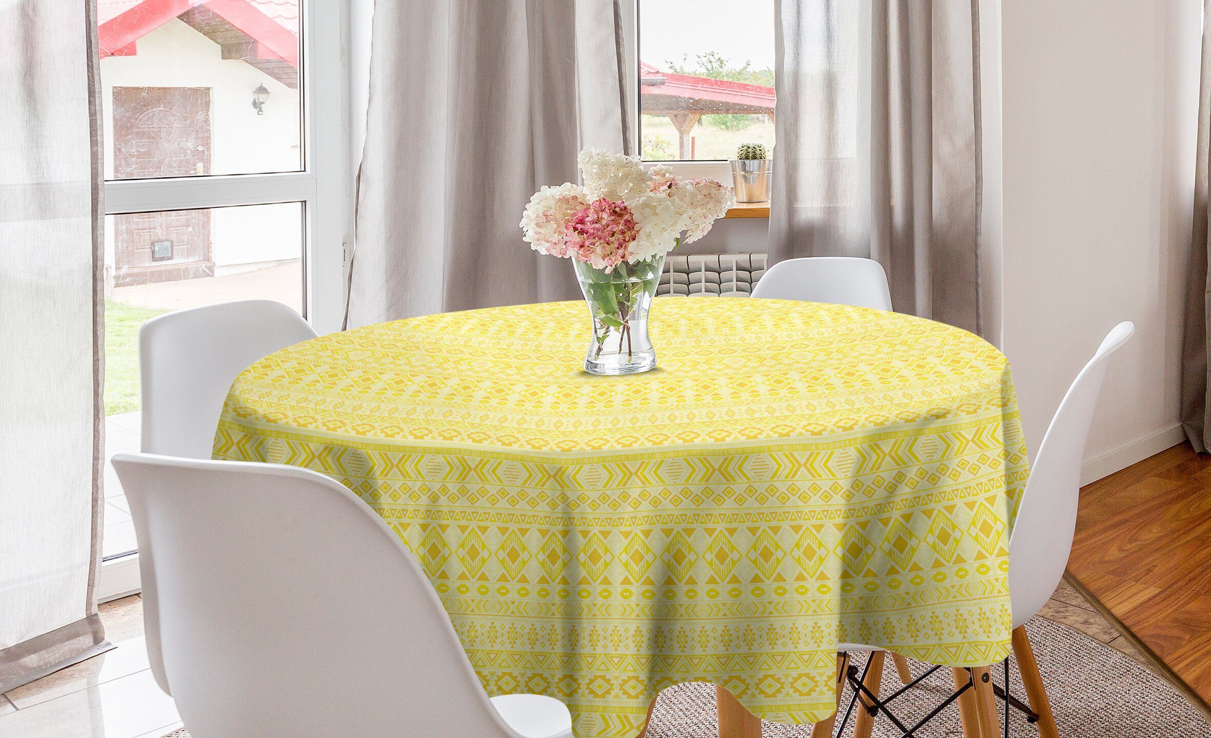 Folklore Yellow Monochrome Abakuhaus Dekoration, Stammes Küche Esszimmer Kreis Tischdecke Abdeckung Tischdecke für
