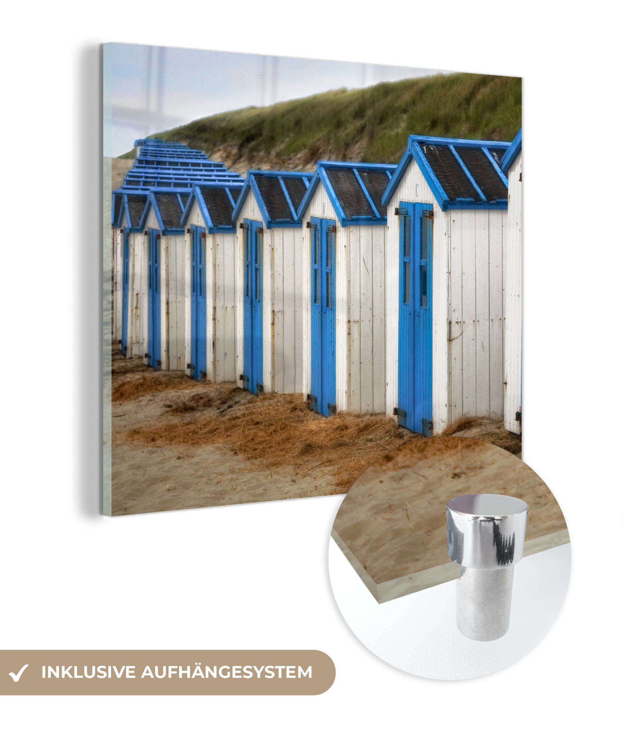 MuchoWow Acrylglasbild Blaue und weiße Strandhütten, (1 St), Glasbilder - Bilder auf Glas Wandbild - Foto auf Glas - Wanddekoration