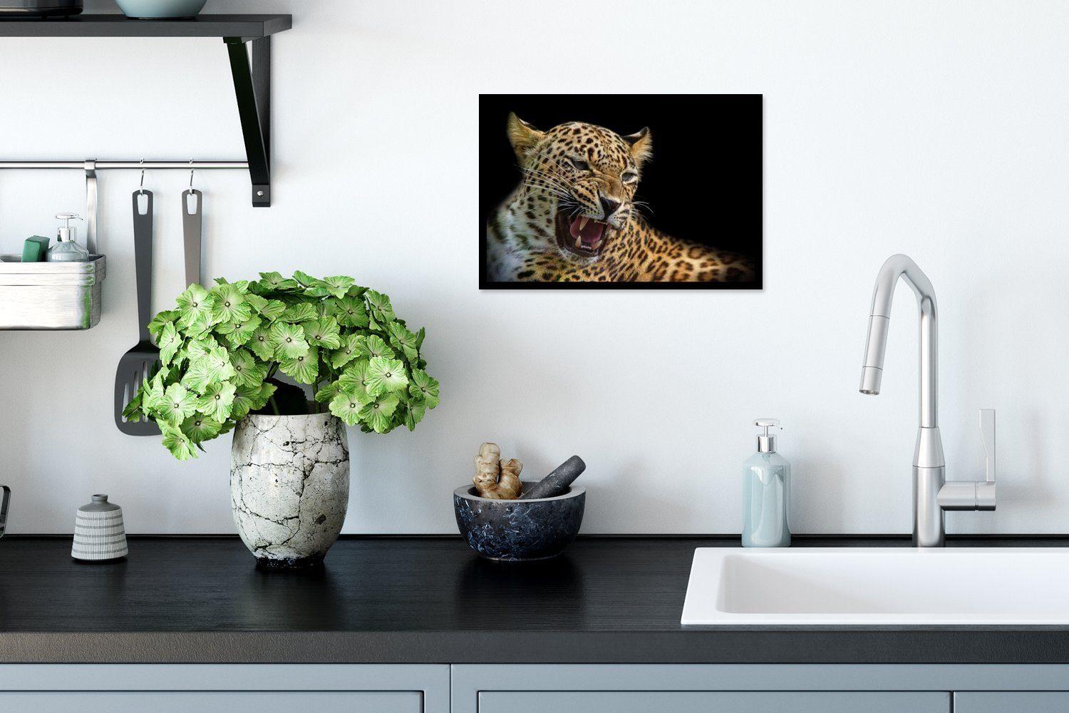Bilderrahmen St), Leopard Bilder, Poster - Poster, - Wanddeko, (1 Gerahmtes Wandposter, Schwarz, Tiere MuchoWow Schwarzem