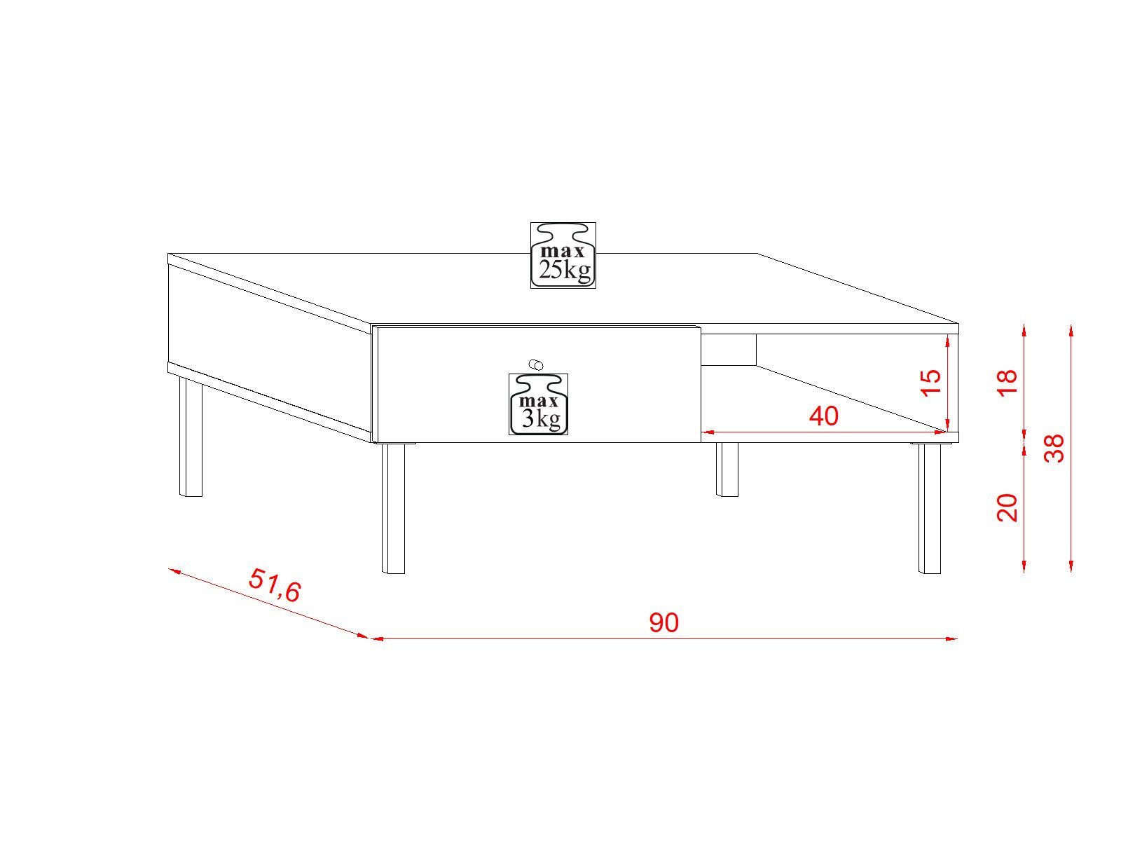 Matt hohen 90cm, Breite Metallfüßen Couchtisch und Couchtisch Weiß Eiche mit Artisan Domando Teramo,