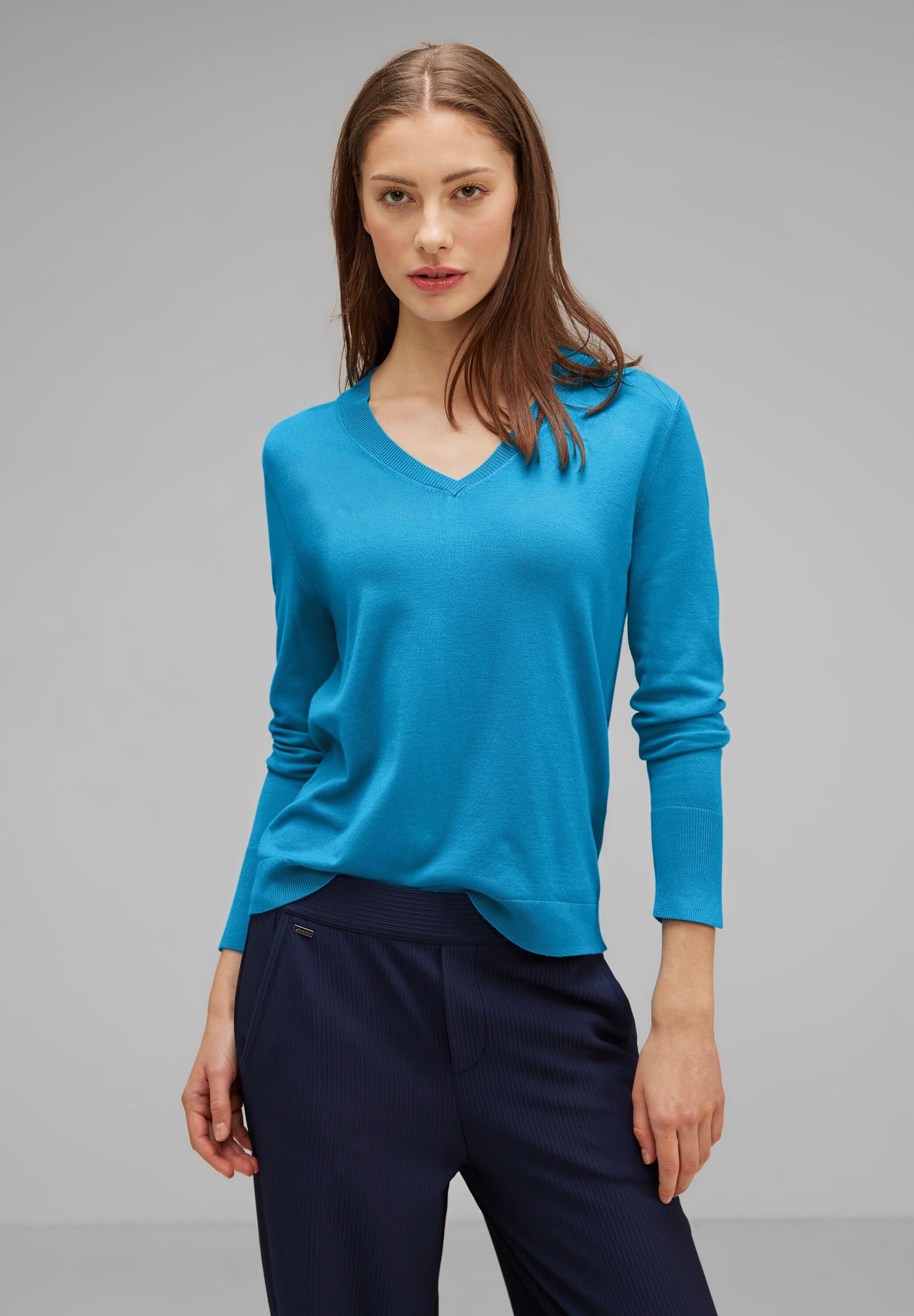 STREET ONE V-Ausschnitt-Pullover aus softem Materialmix aquamarine blue