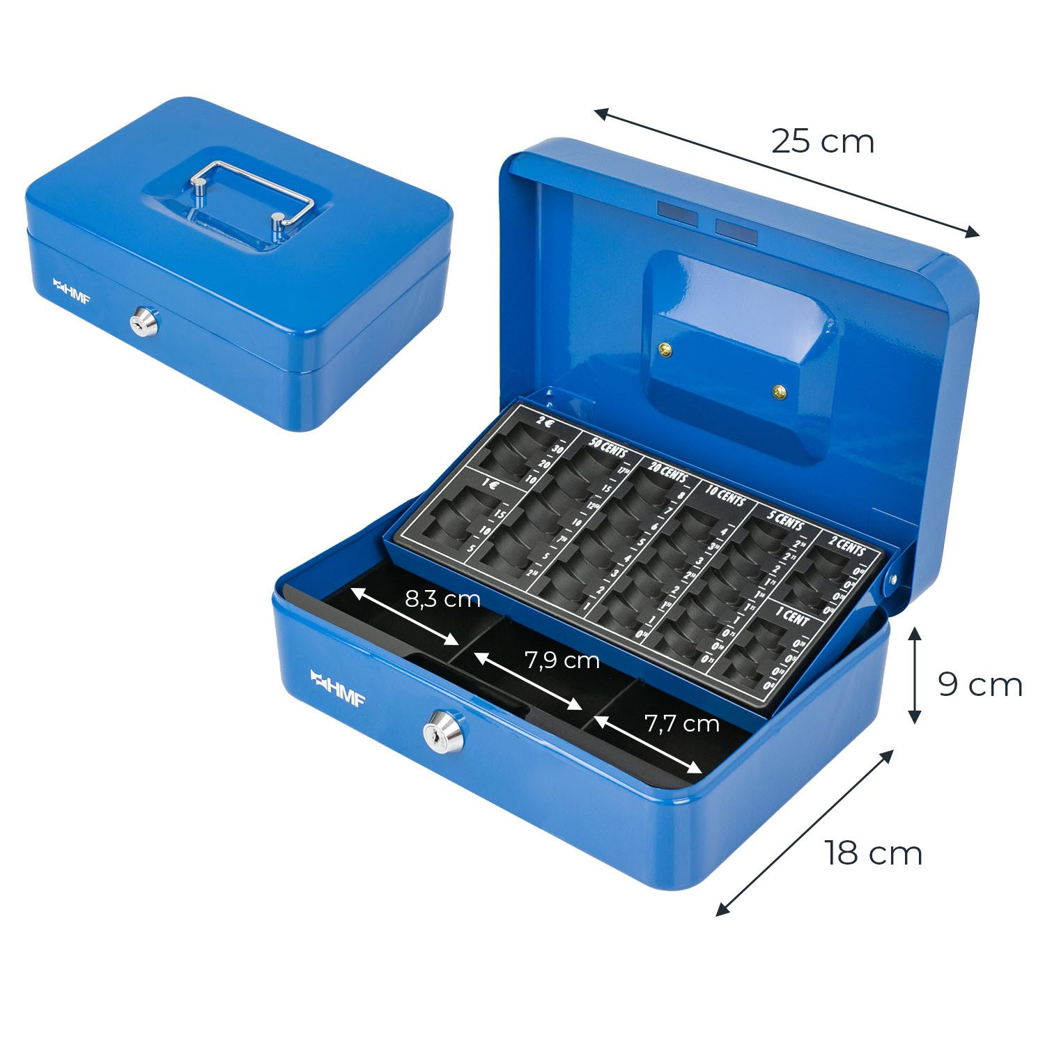 HMF Geldkassette Bargeldkasse mit herausnehmbarem Münzzählbrett und Scheinfach, Geldbox mit Schlüssel, 25 x 18 x 9 cm, blau – Bild 5 von 5
