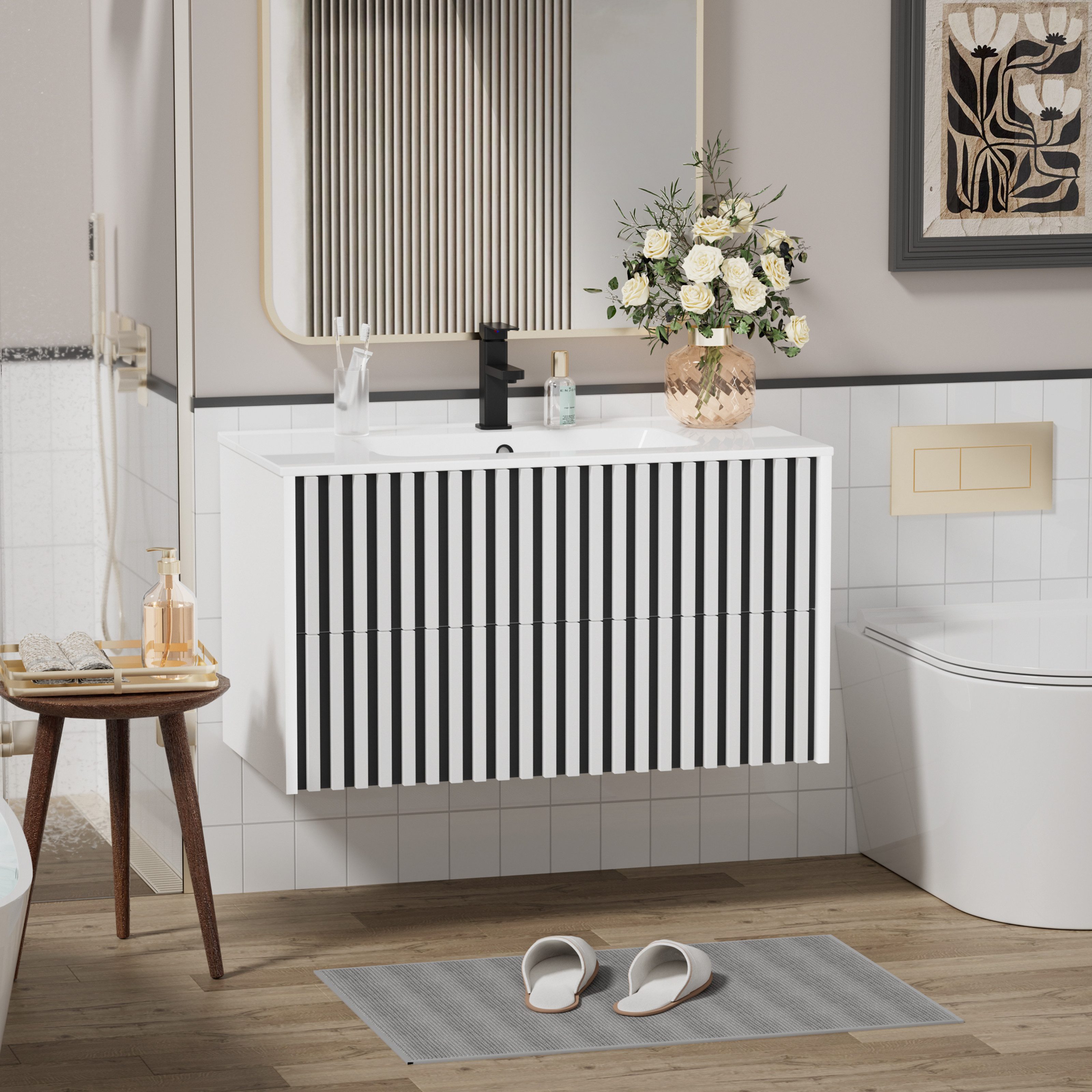 UEV Waschtisch Waschbecken mit Unterschrank set Badmöbel Gäste-WC (mit Wasserhahn und Pop-up-Ablassventil, Soft-close Schubladen,Waschbeckenunterschrank mit 2 Schubladen), Badezimmmer Schrank für Gäste WC, Komplett-Set Badmöbel