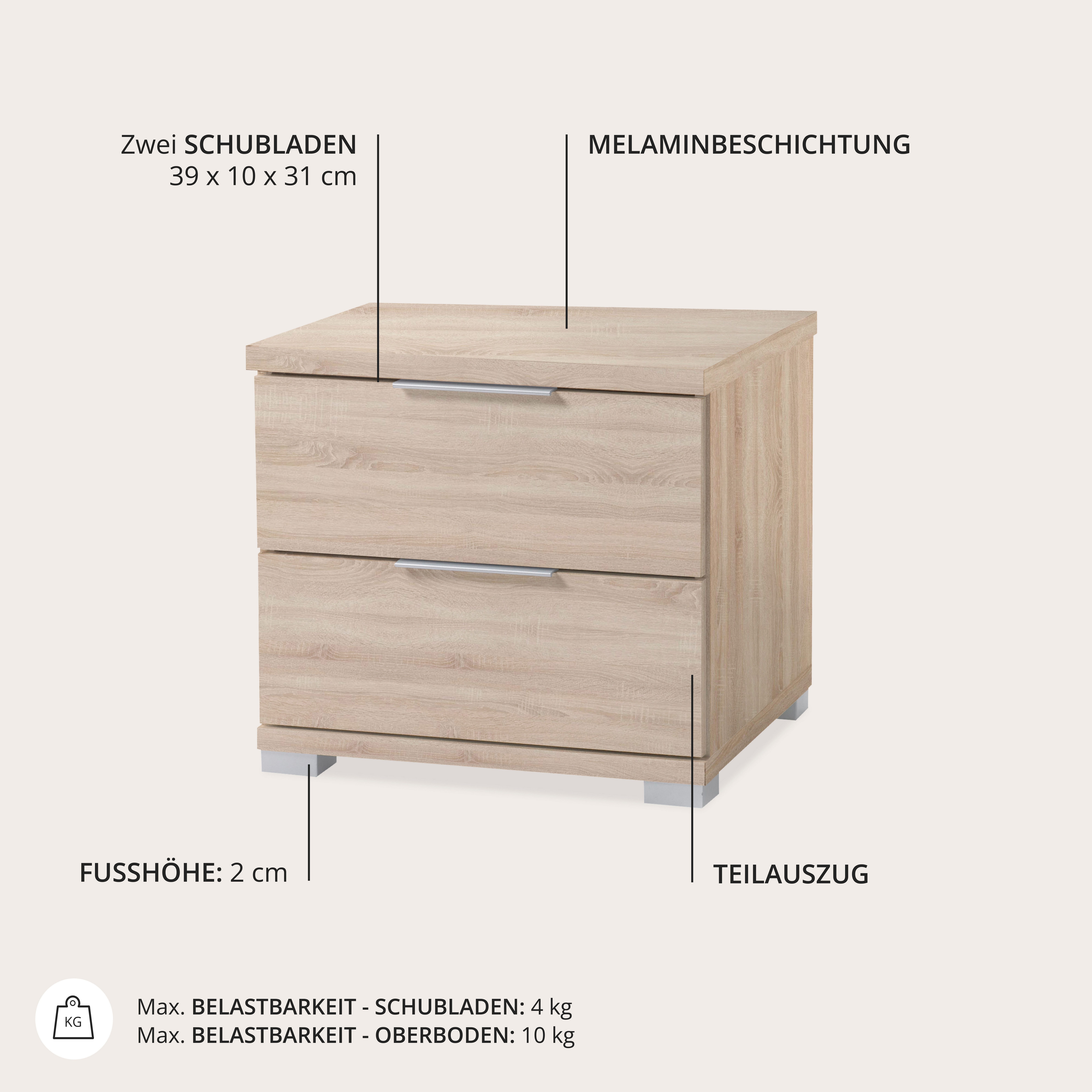 Schlafkontor Nachtkommode Smilla Nachttisch, Nachtkonsole mit Schubkästen, Korpus melaminbeschichtet, silberfarbige oder schwarze Griffe
