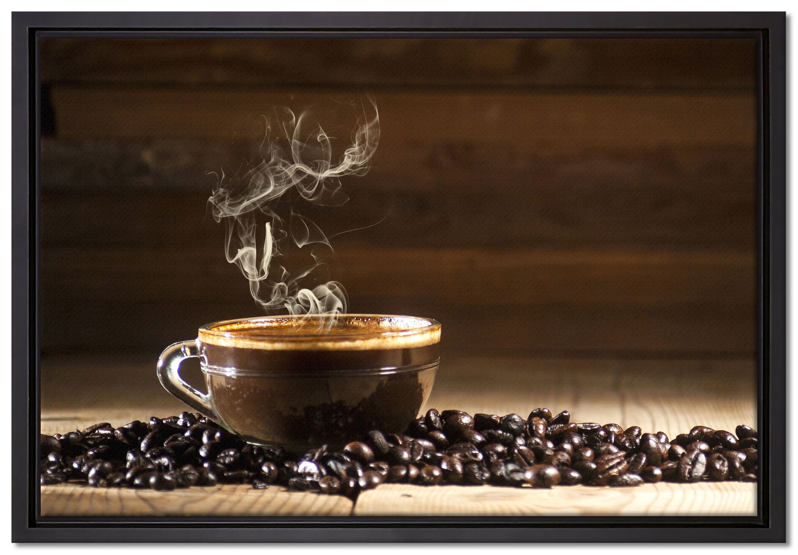 Pixxprint Leinwandbild Kaffee zwischen Kaffeebohnen, Wanddekoration (1 St), Leinwandbild fertig bespannt, in einem Schattenfugen-Bilderrahmen gefasst, inkl. Zackenaufhänger
