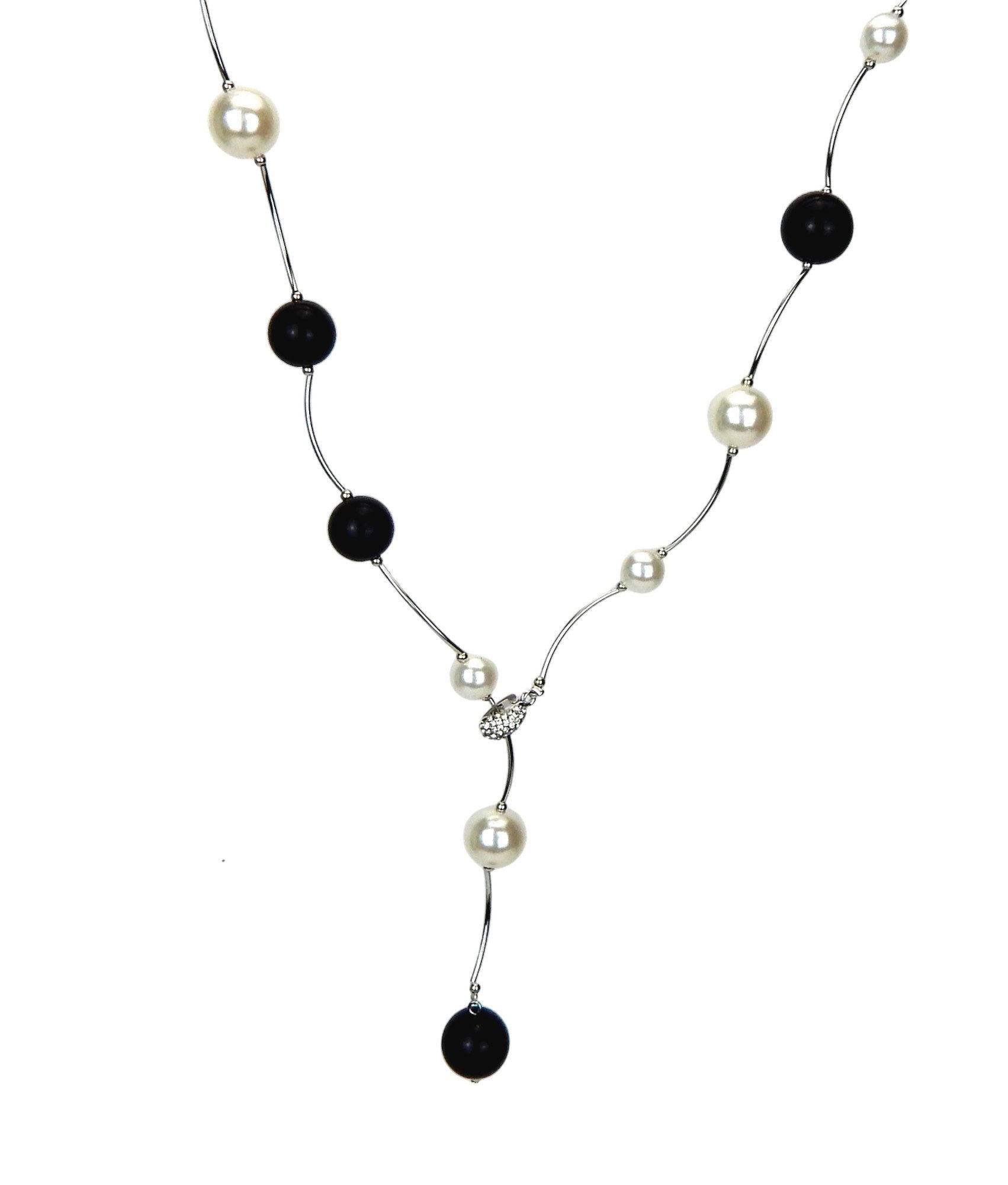 Ella Jonte Perlenkette, lange Halskette silber weiß schwarz Strass Y-Kette günstig online kaufen