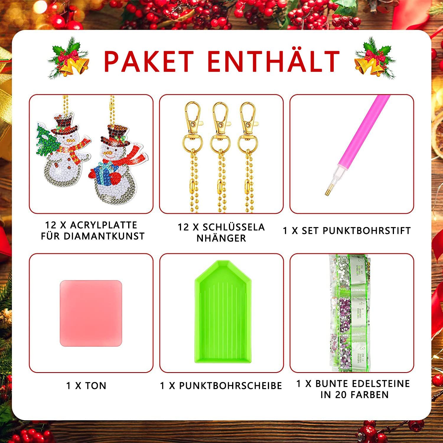 FOUORTUNATE-BEE Schlüsselanhänger 12er-Set Diamond Painting Weihnachten Schlüsselanhänger (DIY-Set, Weihnachts-Schlüsselanhänger, 12-tlg) – Bild 4 von 5