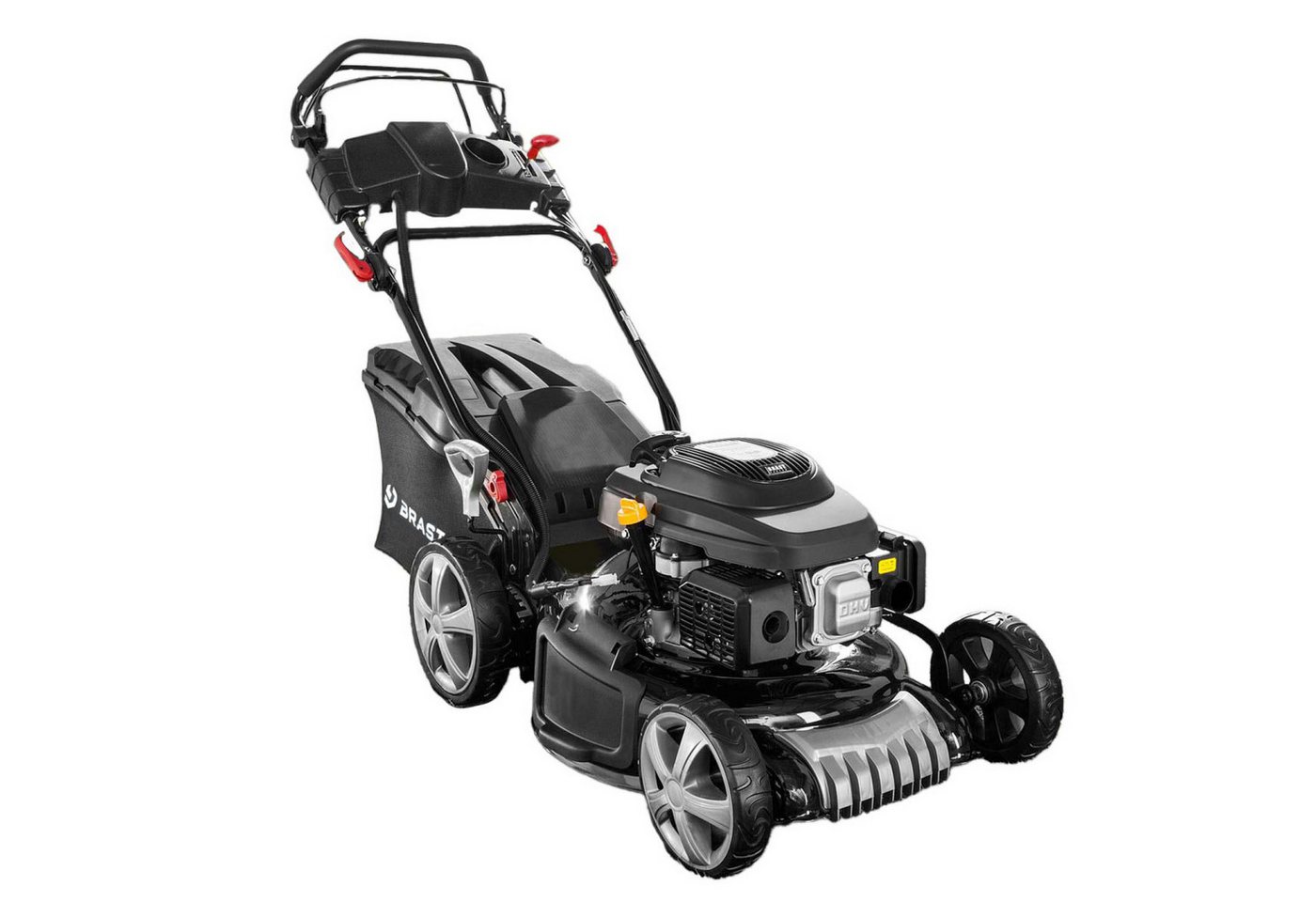 BRAST Benzinrasenmäher mit Antrieb, 5,2kW(7PS), TÜV geprüft, 4 Takt OHV Motor, E-Start, 48 cm Schnittbreite, 30-80mm Schnitthöhe, 60L Fangkorb, Stahlgehäuse, 19224 E-Start