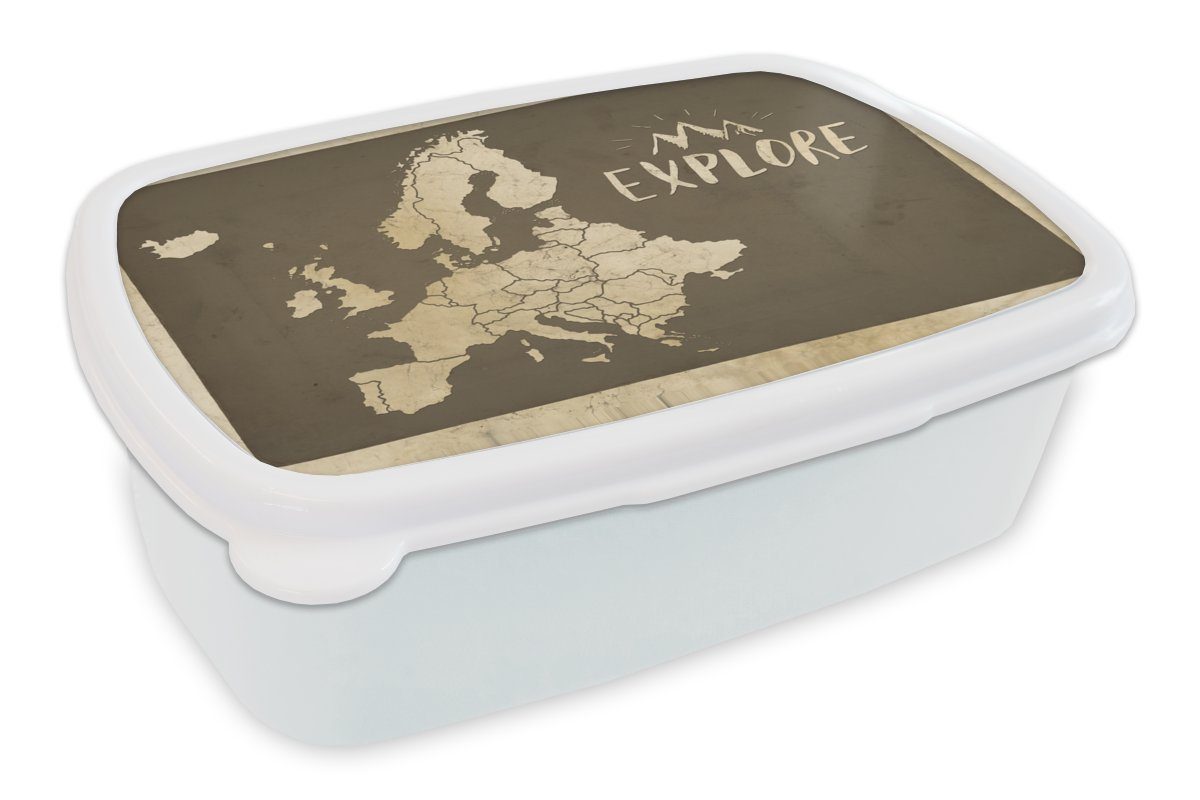 MuchoWow Lunchbox Karte Europa - Vintage - Zitat, Kunststoff, (2-tlg), Brotbox für Kinder und Erwachsene, Brotdose, für Jungs und Mädchen weiß