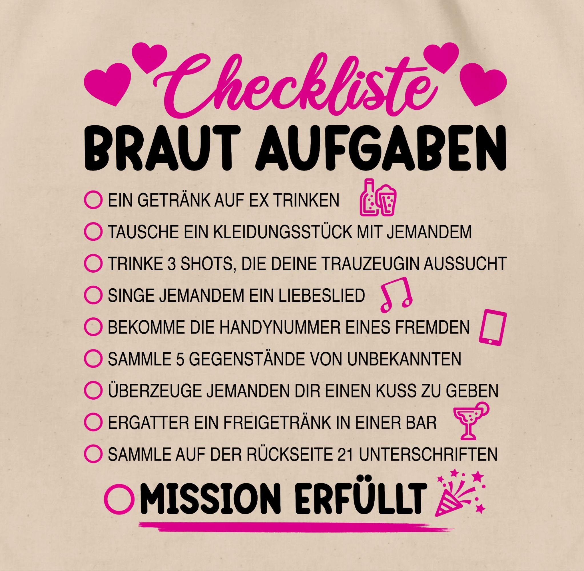 Shirtracer Turnbeutel Braut Aufgaben I Mutprobe Checkliste, JGA Junggesellenabschied Frauen