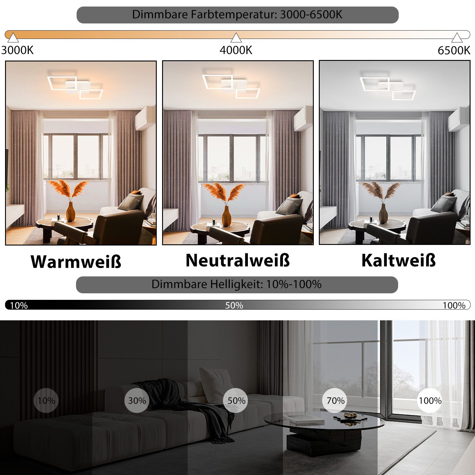 ZMH LED Deckenleuchte Wohnzimmer Schwarz/Weiß 3000-6500K Modern Deckenlampe Küche Büro, LED fest integriert, Warmweiß-Kaltweiß, Weiß Quadratisch 32W Küchenlampe – Bild 4 von 5