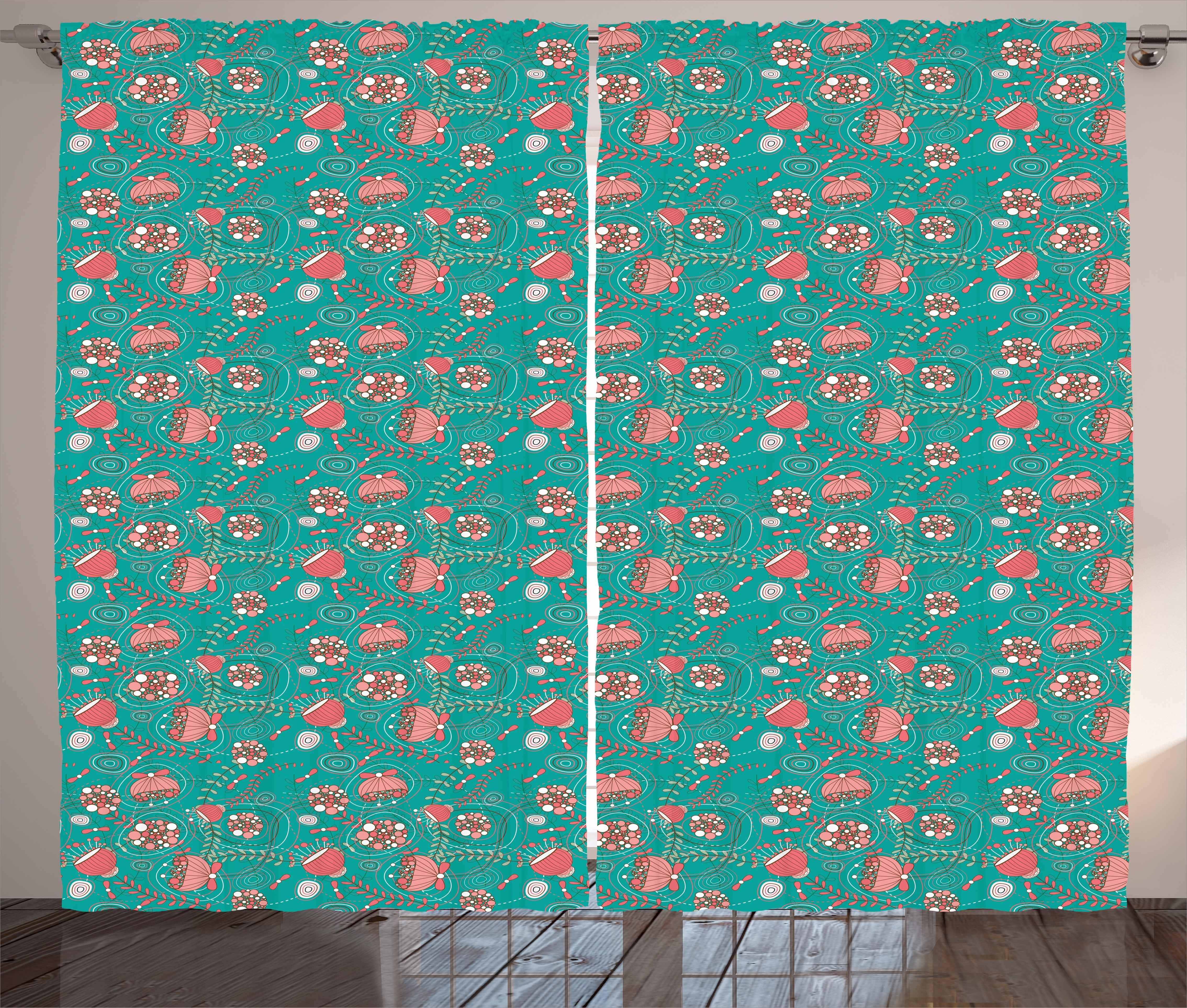 Kräuselband Gardine Abstrakte Vorhang Schlafzimmer Rosa mit Teal Blumen-Punkte Haken, Abakuhaus, und Schlaufen