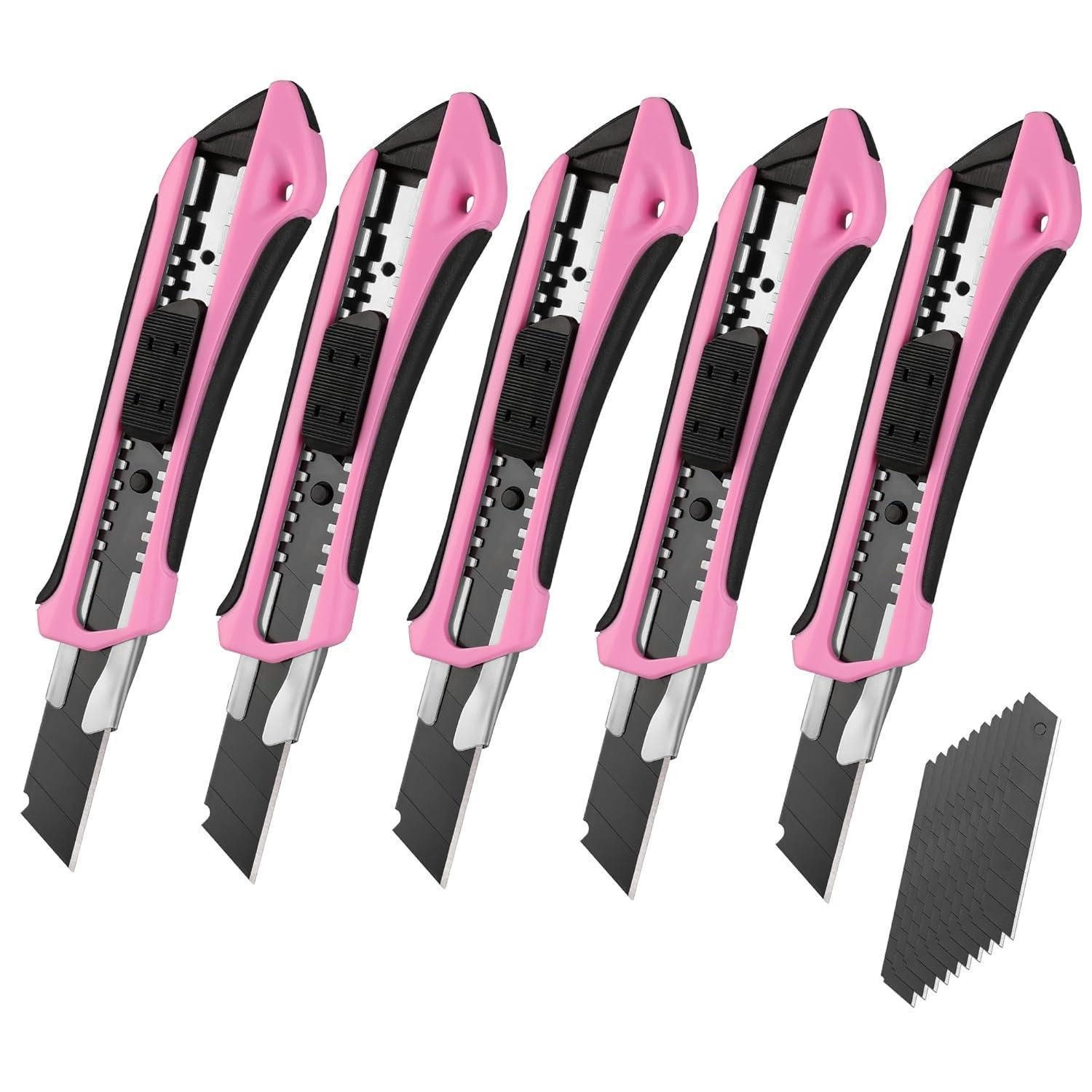 LuxusKollektion Cuttermesser Cuttermesser Set 5 Stück mit 20 Ersatzklingen SK5 18mm Gummigriff Rosa