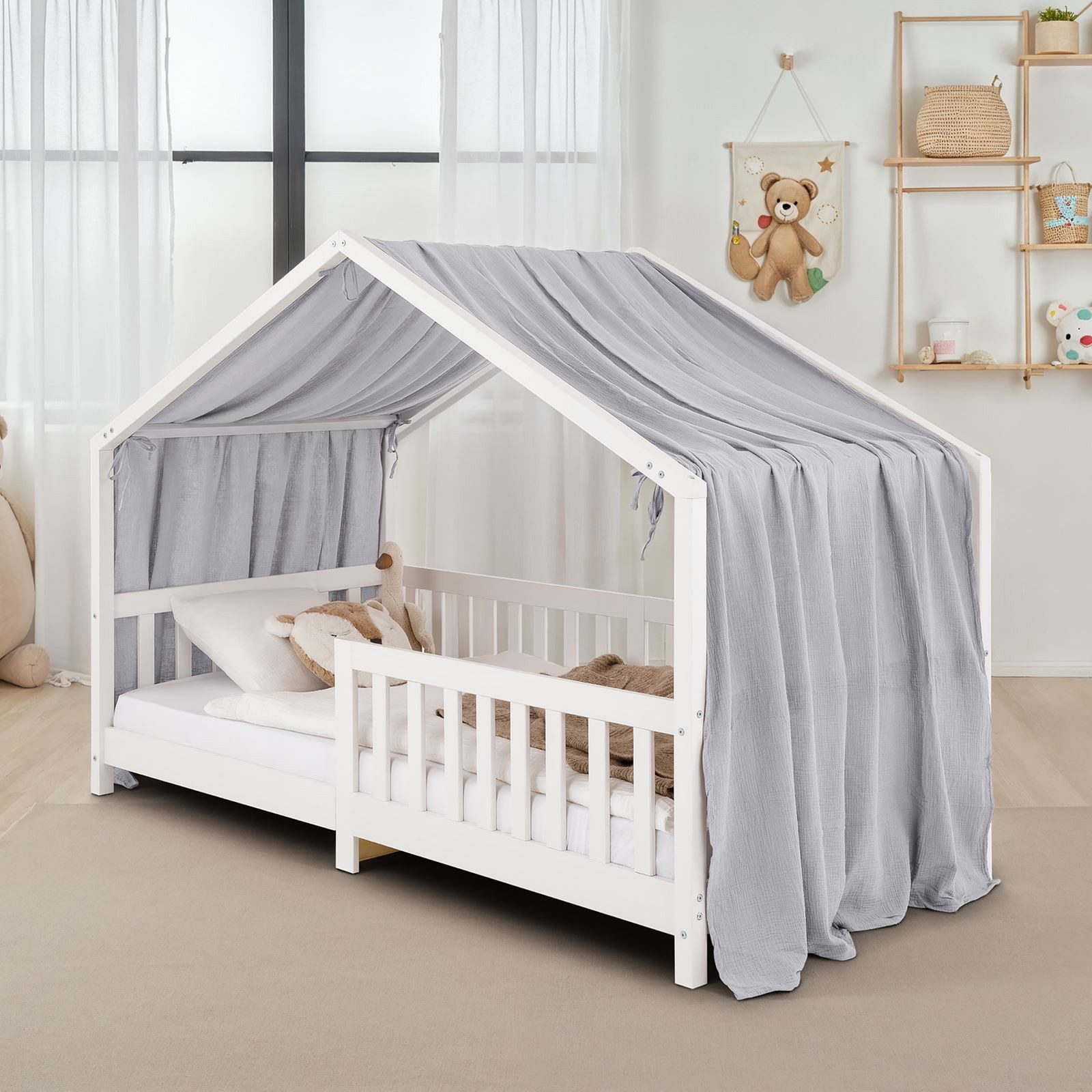 IDIMEX Балдахин для кровати LIAN, Балдахин для кровати Hausbett Deko, Musselin Baldachin 100% Baumwolle- hellgrau