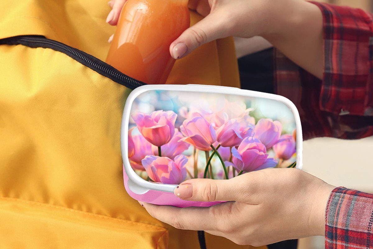 MuchoWow Lunchbox Tulpen - Rosa Snackbox, Mädchen, Kunststoff, - (2-tlg), Brotbox Kunststoff Frühling, Kinder, Erwachsene, Brotdose für