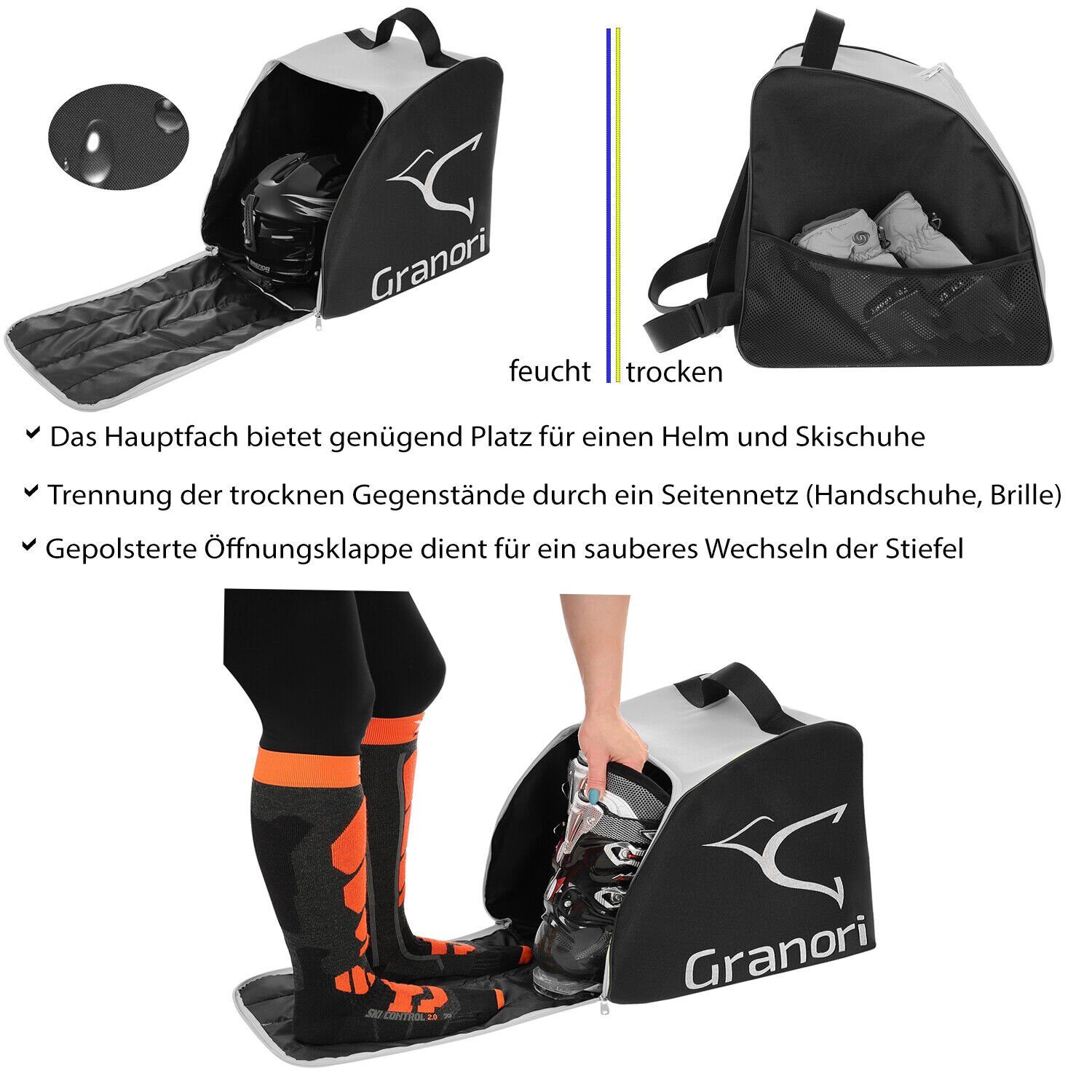 Skistiefel (gepolstert und Skischuhtasche Granori Skirucksack abschließbar), für Außenfach mit Entwässerungsöffnung und Neongelb-Schwarz Helm und