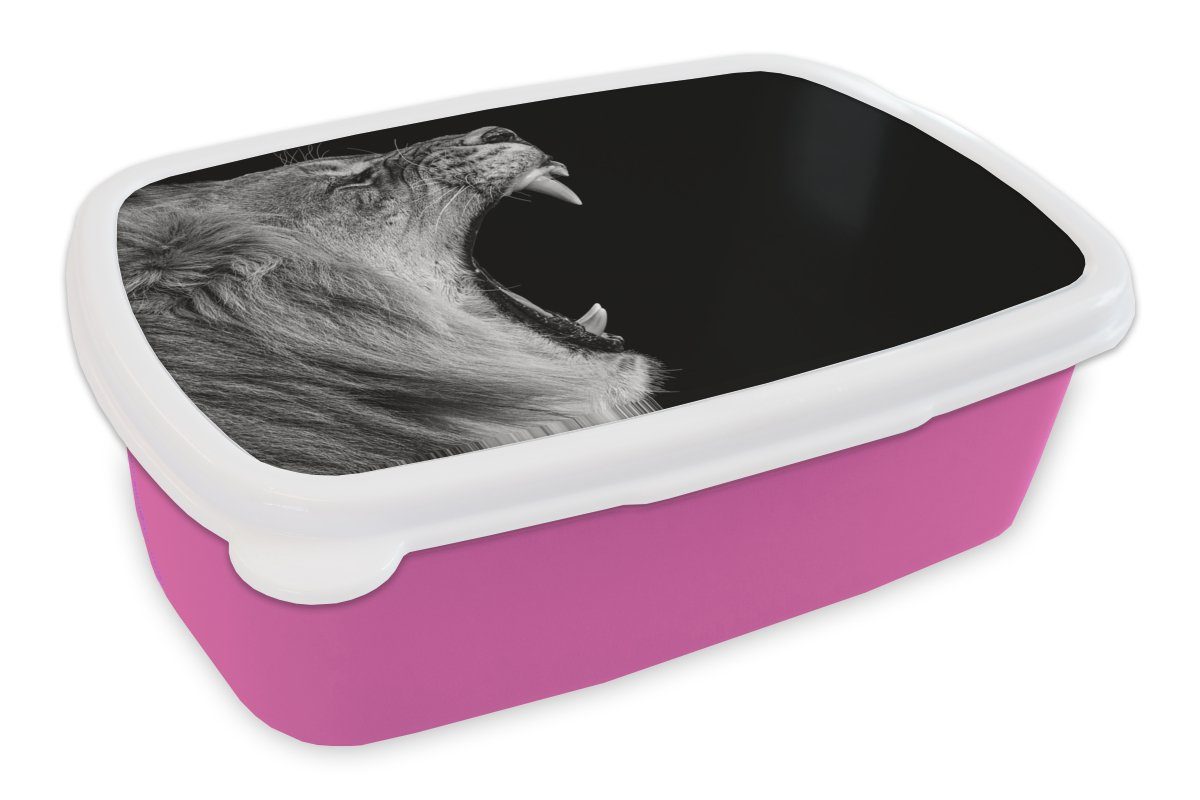 MuchoWow Lunchbox Tiere - Löwe - Schwarz - Weiß - Porträt, Kunststoff, (2-tlg), Brotbox für Erwachsene, Brotdose Kinder, Snackbox, Mädchen, Kunststoff rosa