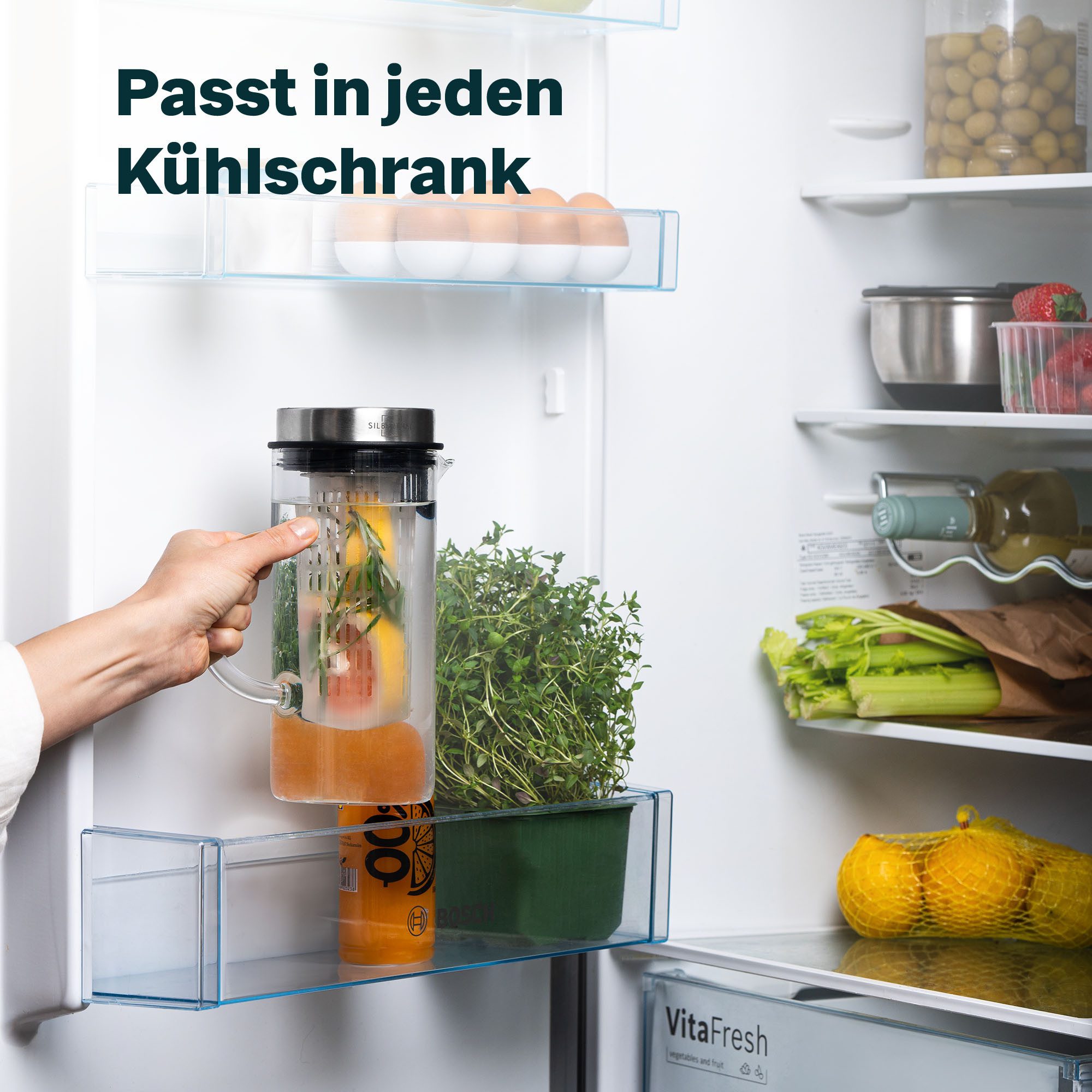 SILBERTHAL Wasserkaraffe 2er Set 1 Liter Glaskaraffe mit Fruchtsieb und Deckel, (2-tlg), für Kalt- & Heißgetränke