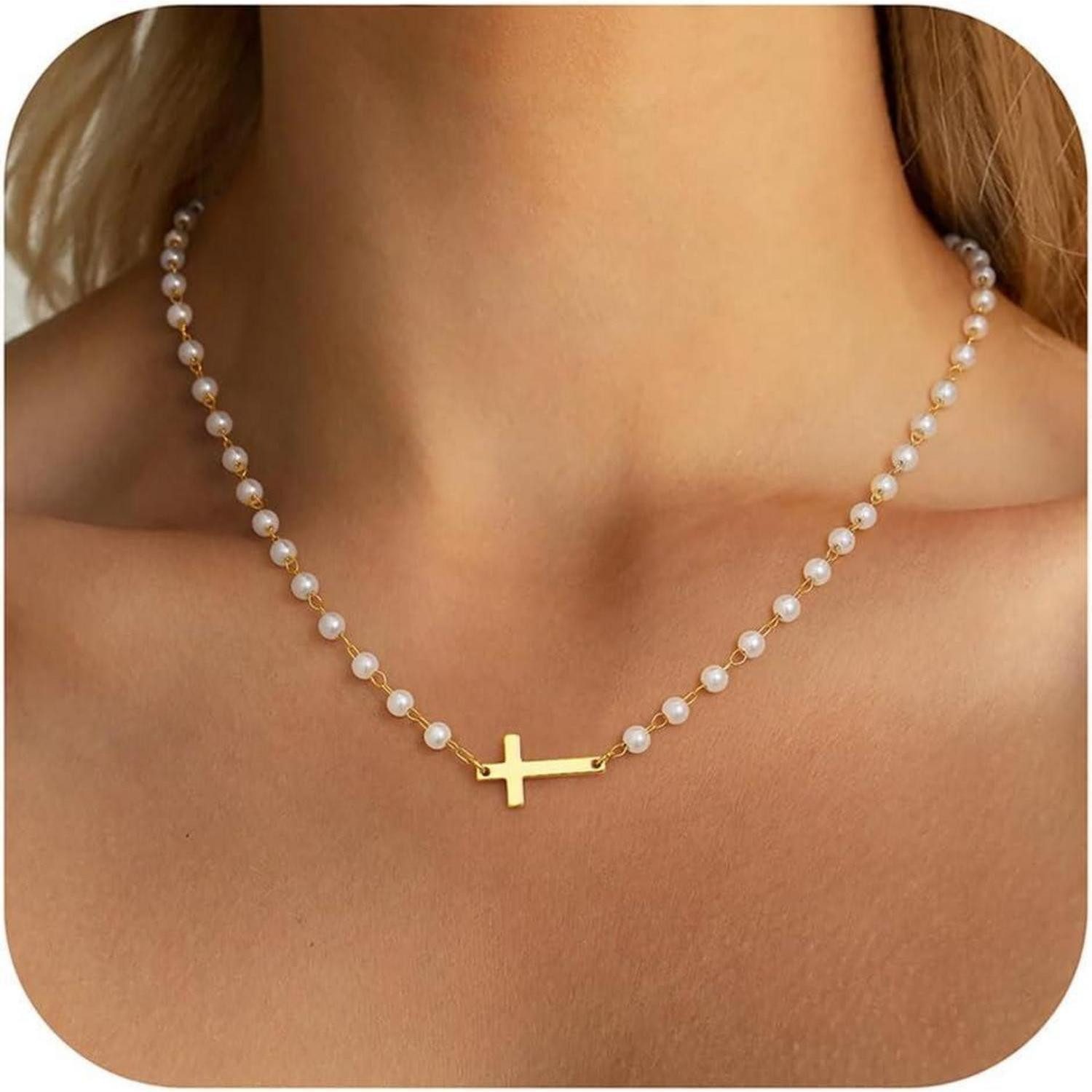 LuxusKollektion Kette und Anhänger Set Kreuz Kette Gold 14K Vergoldet Damen Layered Choker Halskette Frauen