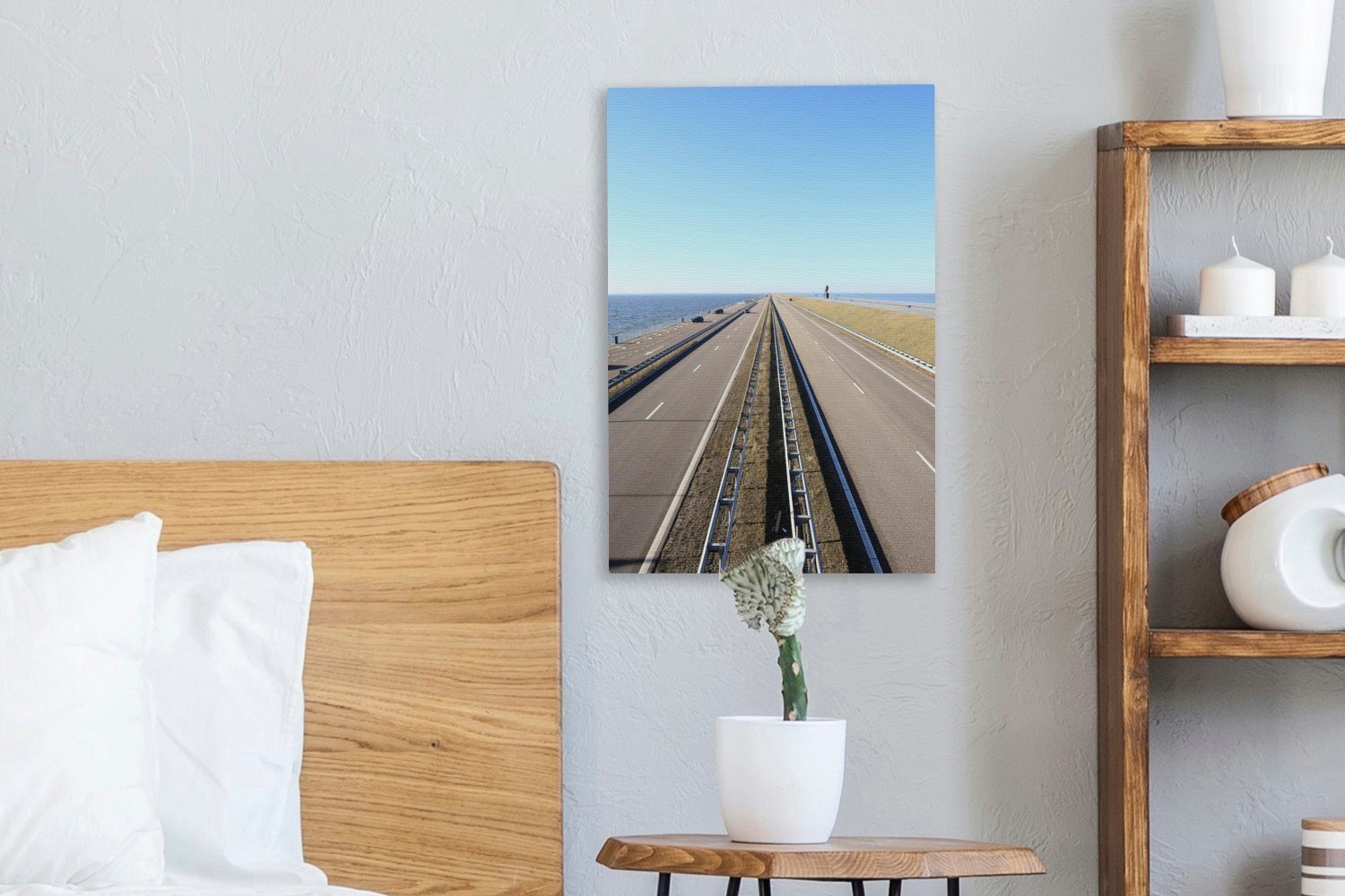 OneMillionCanvasses® Leinwandbild Niederländischer Afsluitdijk mit Gemälde, bespannt St), (1 cm fertig 20x30 Zackenaufhänger, Leinwandbild inkl. blauem Himmel