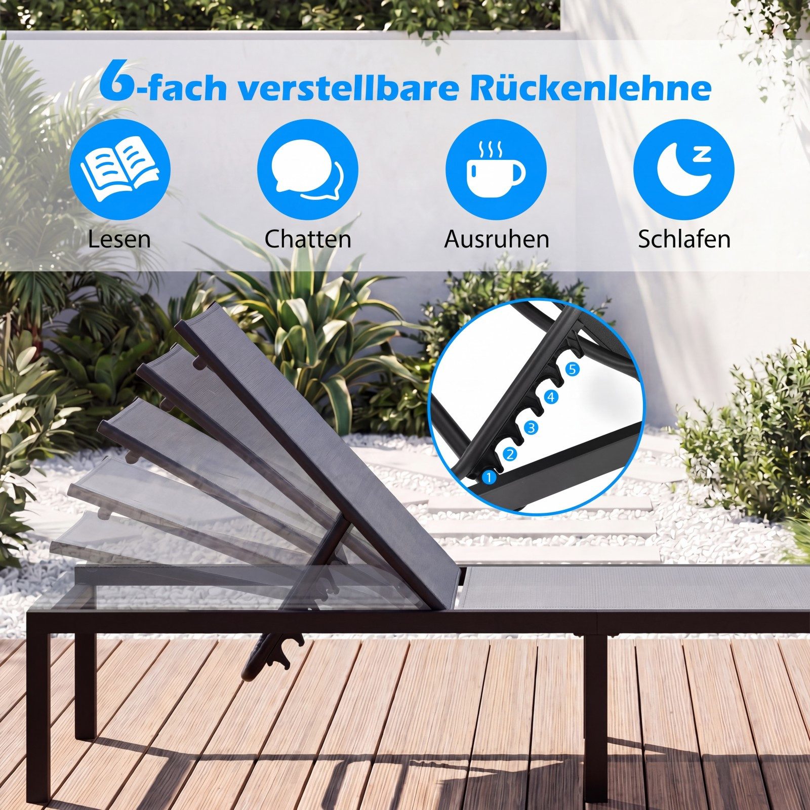 COSTWAY Gartenliege Sonnenliege, mit 6 verstellbarer Positionen Rückenlehne