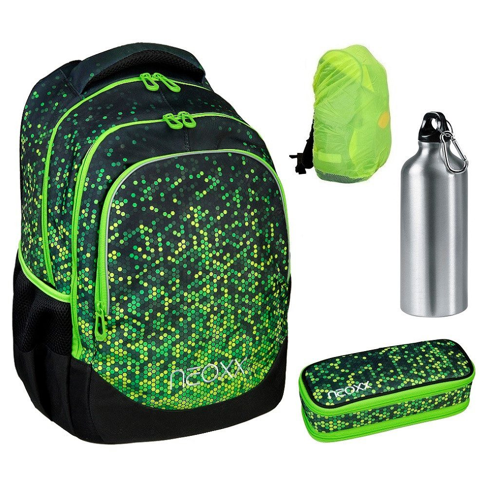 neoxx Schulrucksack Modell "Fly" in grün mit Pixel Optik, ab der 3. Klasse (Set, 4-tlg., inkl. Schlamper, Alu-Trinkflasche und Regenschutz-Hülle), ergonomisch; gepolstert; leicht; 27L Volumen