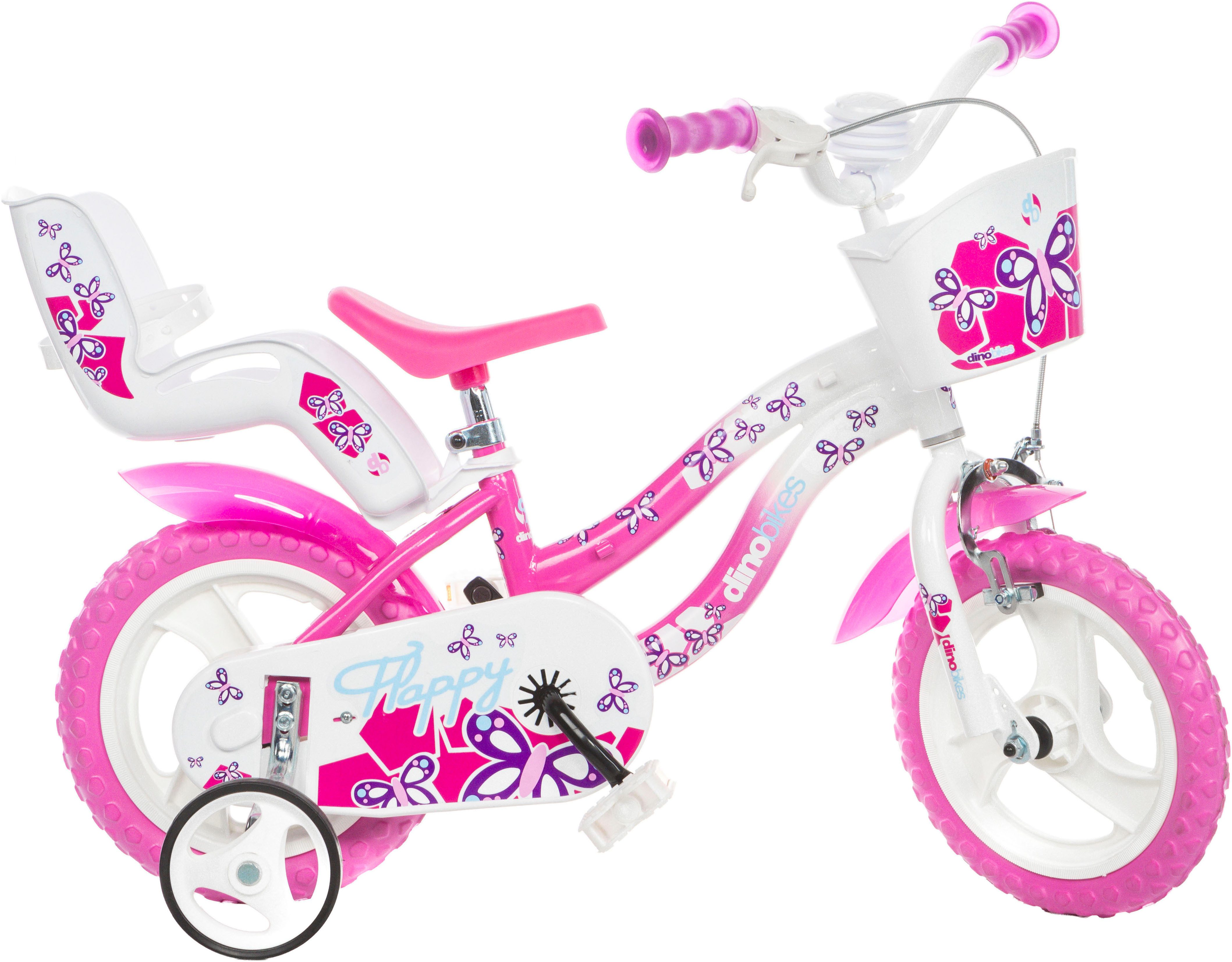 Dino Bikes Kinderfahrrad 12" Flappy Kinderfahrrad Mädchen stabiler Stahl-Rahmen Stützräder, 1 Gang, mit Stützrädern, Korb und Puppensitz