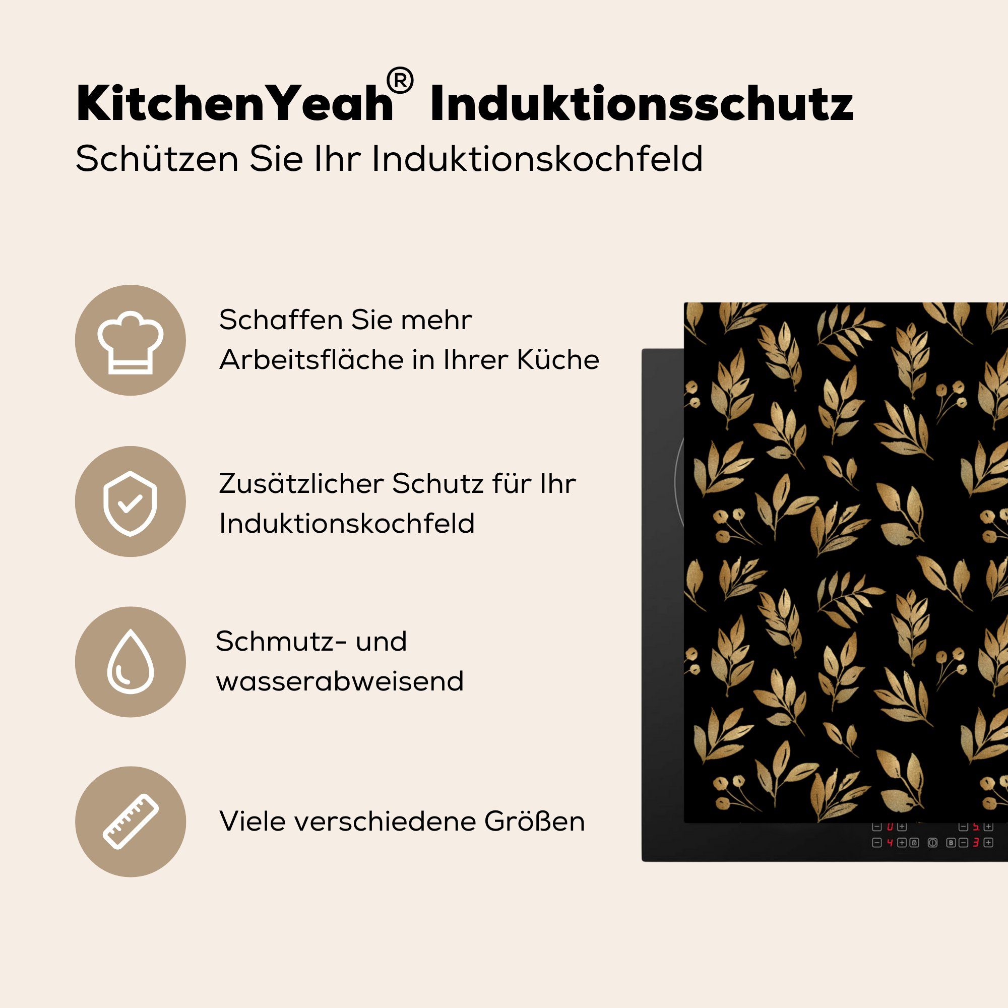 (1 Vinyl, küche cm, Arbeitsplatte Pflanzen tlg), Zweige, Gold Ceranfeldabdeckung, für Herdblende-/Abdeckplatte - 78x78 - MuchoWow