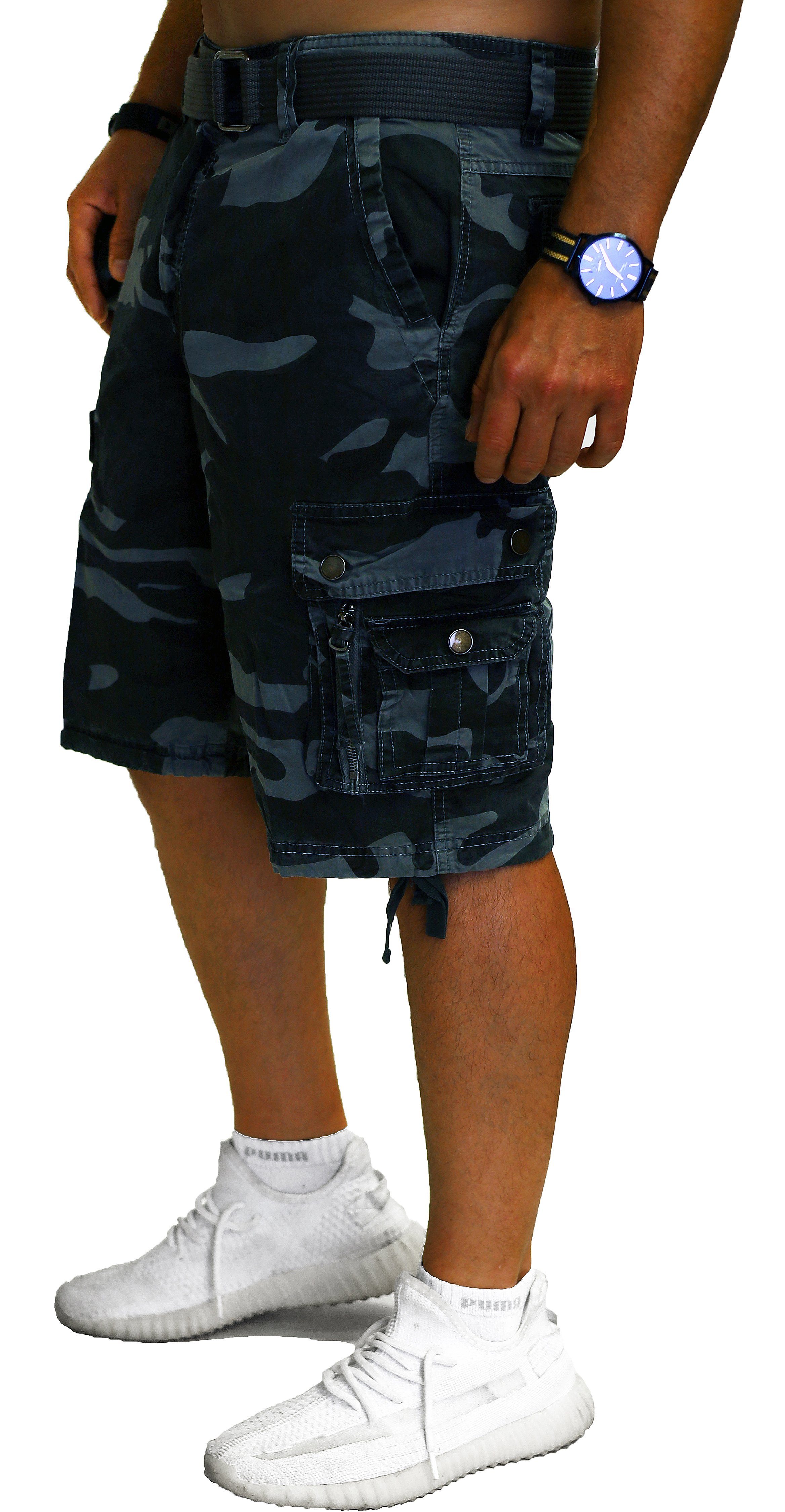 RMK Cargoshorts Tarn in Short Gürtel Cargo Army Shorts kurze Set + Hose aus Camouflage, Camou-Grau mit Baumwolle, Gürtel Bermuda Herren