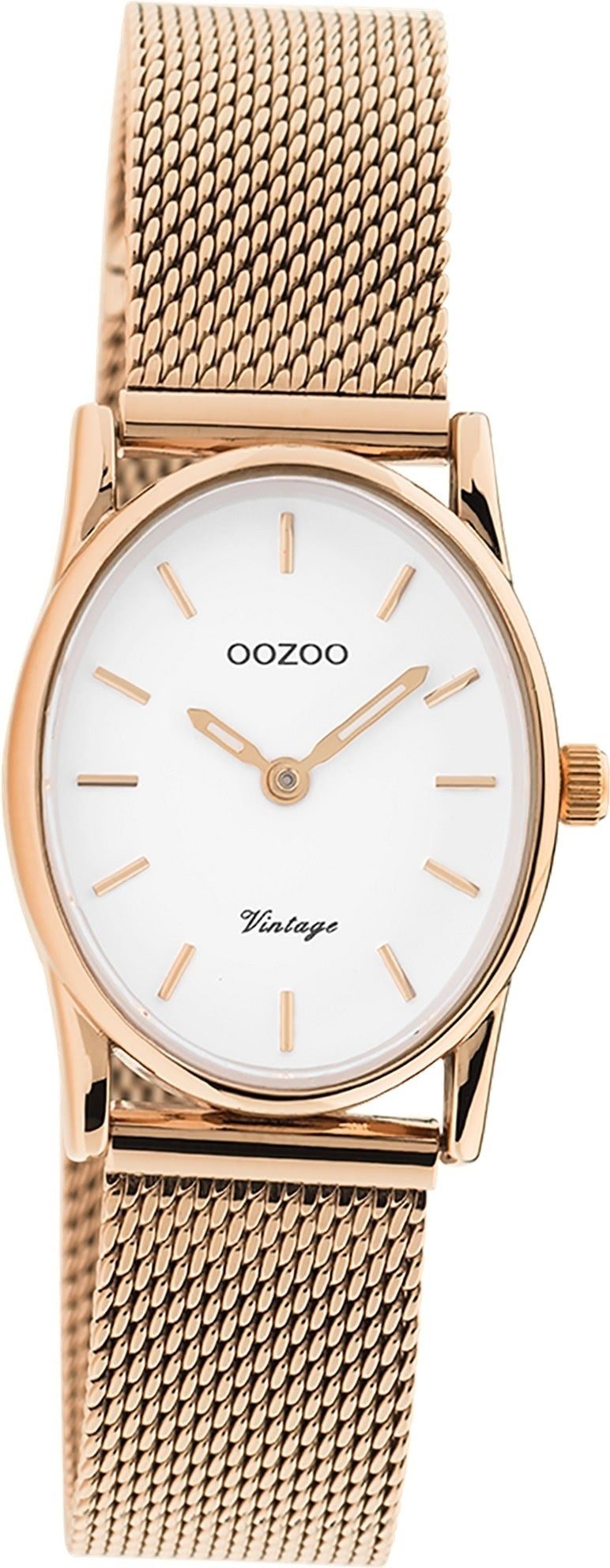 OOZOO Quarzuhr Oozoo Damen Armbanduhr Vintage Series, Damenuhr Metall, Mesharmband roségold, ovales Gehäuse, groß (28x23mm)