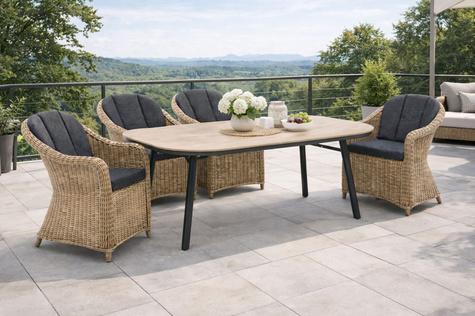 Destiny Garten-Essgruppe MALAGA SAN MARINO 4 Se + Tisch OV 180x90cm holzf./ natur meliert, (Set, 4 Sessel inkl. Polster, 1 Tisch), Aluminium, Polyrattan, Polywood