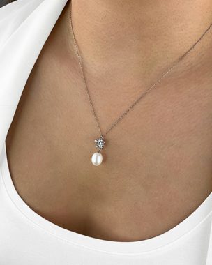 DANIEL CLIFFORD Perlenkette 'Nala' Damen Halskette Silber 925 Anhänger Perle und Kristall (inkl. Verpackung), größenverstellbare Silberkette 40cm - 45cm weißer Perlenanhänger
