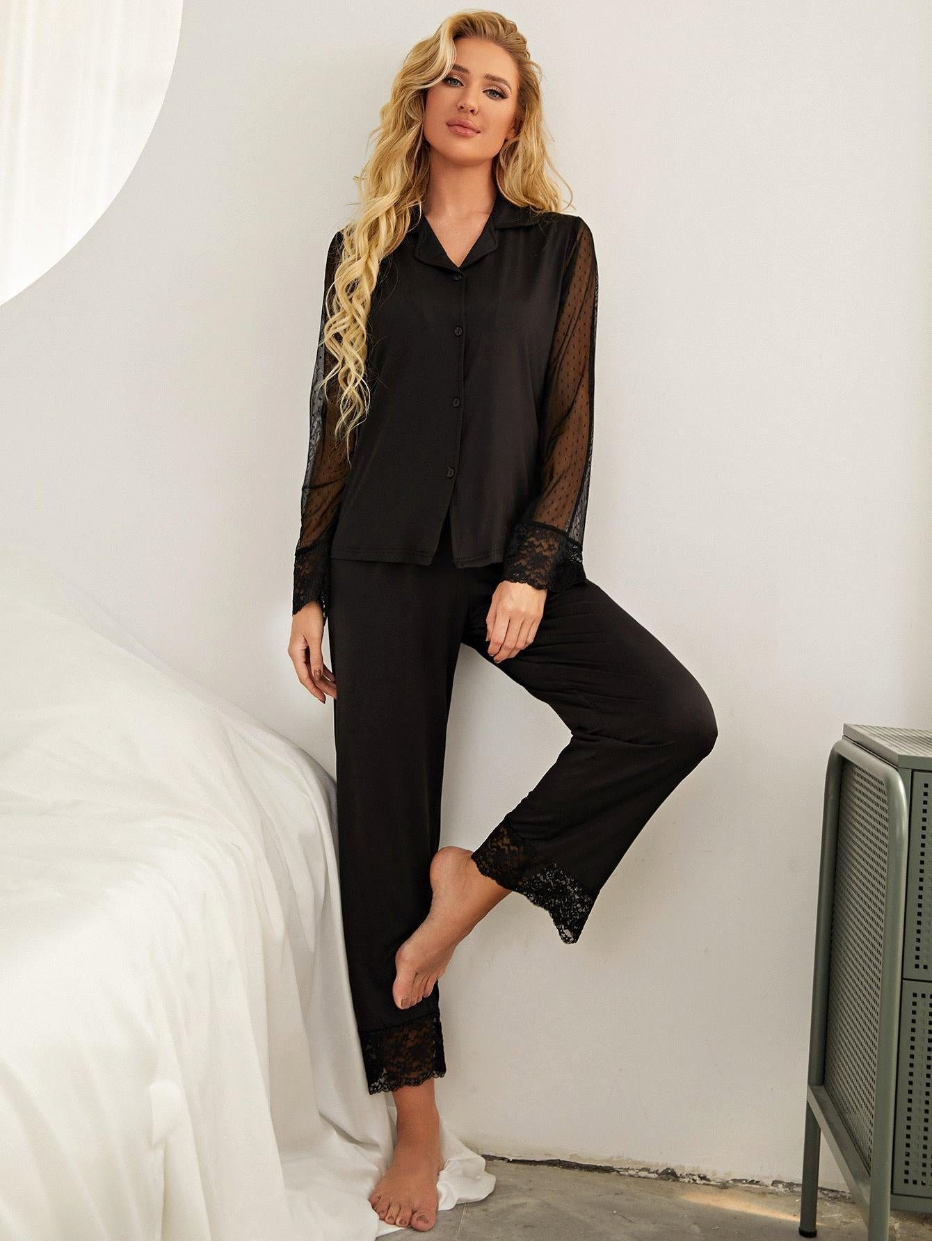 AUKUU Pyjama Homewear Homewear Damen Pyjama Set aus einfarbigem Spitzen Mesh mit langen Ärmeln und Hosen