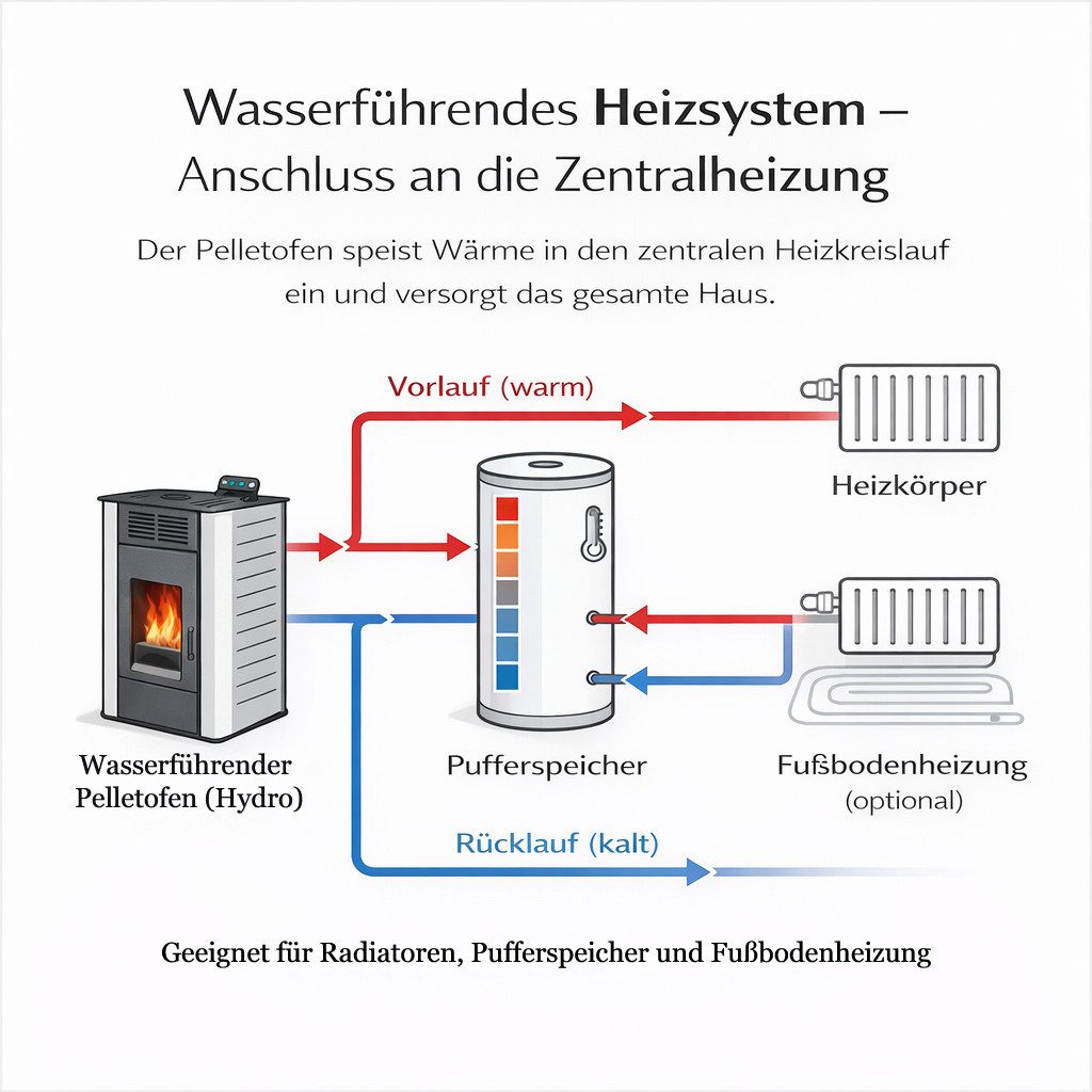 NEMAXX Pelletofen P18 Rot 18 kW wasserführend bis 300m³ Zentralheizung A+ 40 kg Tank, (Reinigungsautomatik, ECO-Modus, Sicherheitsabschaltung, Wochentimer, Wi-Fi Ready), BAFA/förderfähig, Wasser 12,5kW, effiziente Wärme, bis 18 Std.Laufzeit