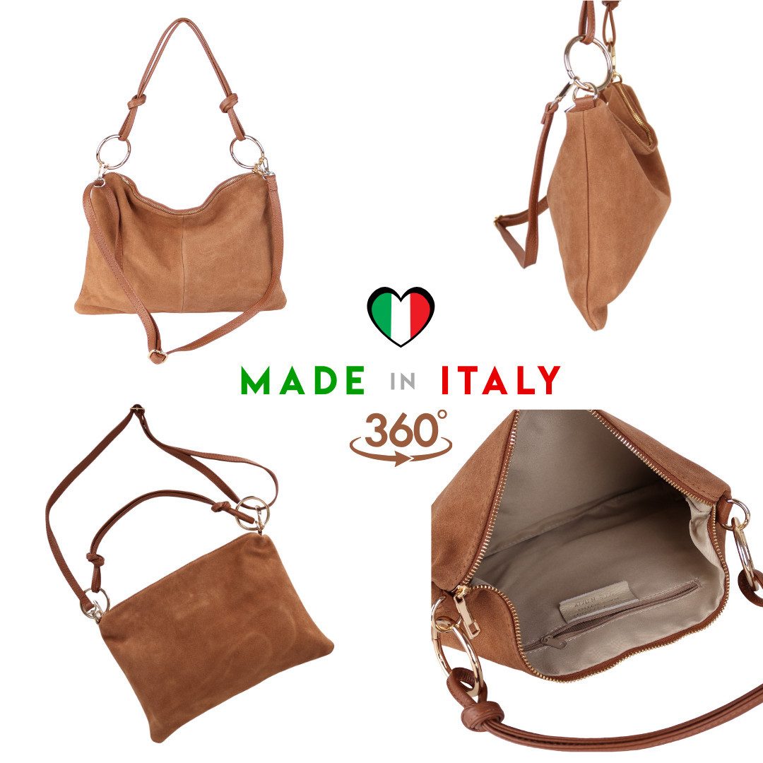 MIRROSI Umhängetasche Damen Tasche Echtleder Wildleder Made in Italy, Schlank (ca.34x22x3cm), mit langem Riemen & Reißverschluss – Bild 3 von 3