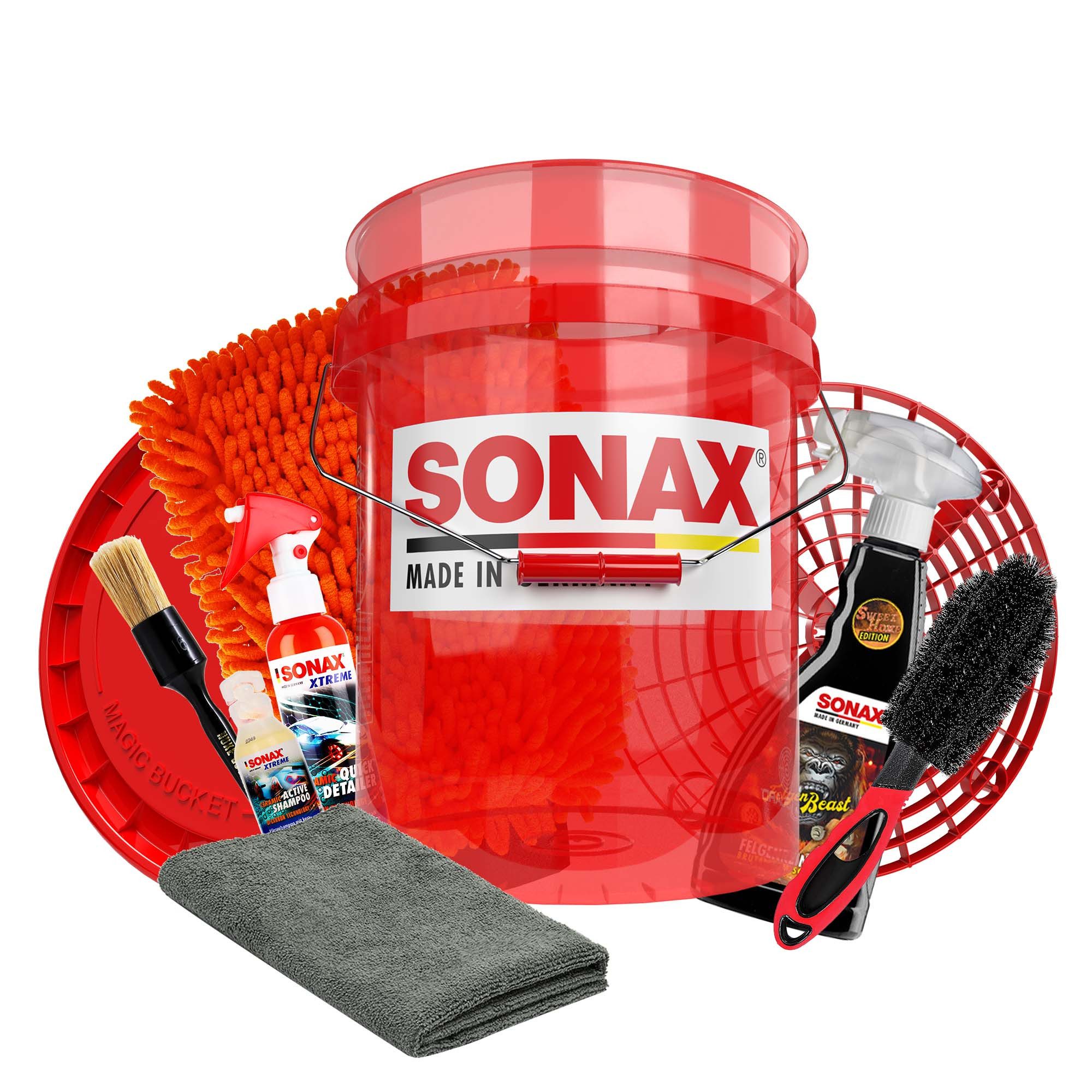 detailmate Reinigungs-Set Sonax Felgenreiniger Set Auto Wascheimer mit Zubehör, (10-St), Auto Wascheimer Set - mit Felgenreiniger, Versiegelung, Detailer
