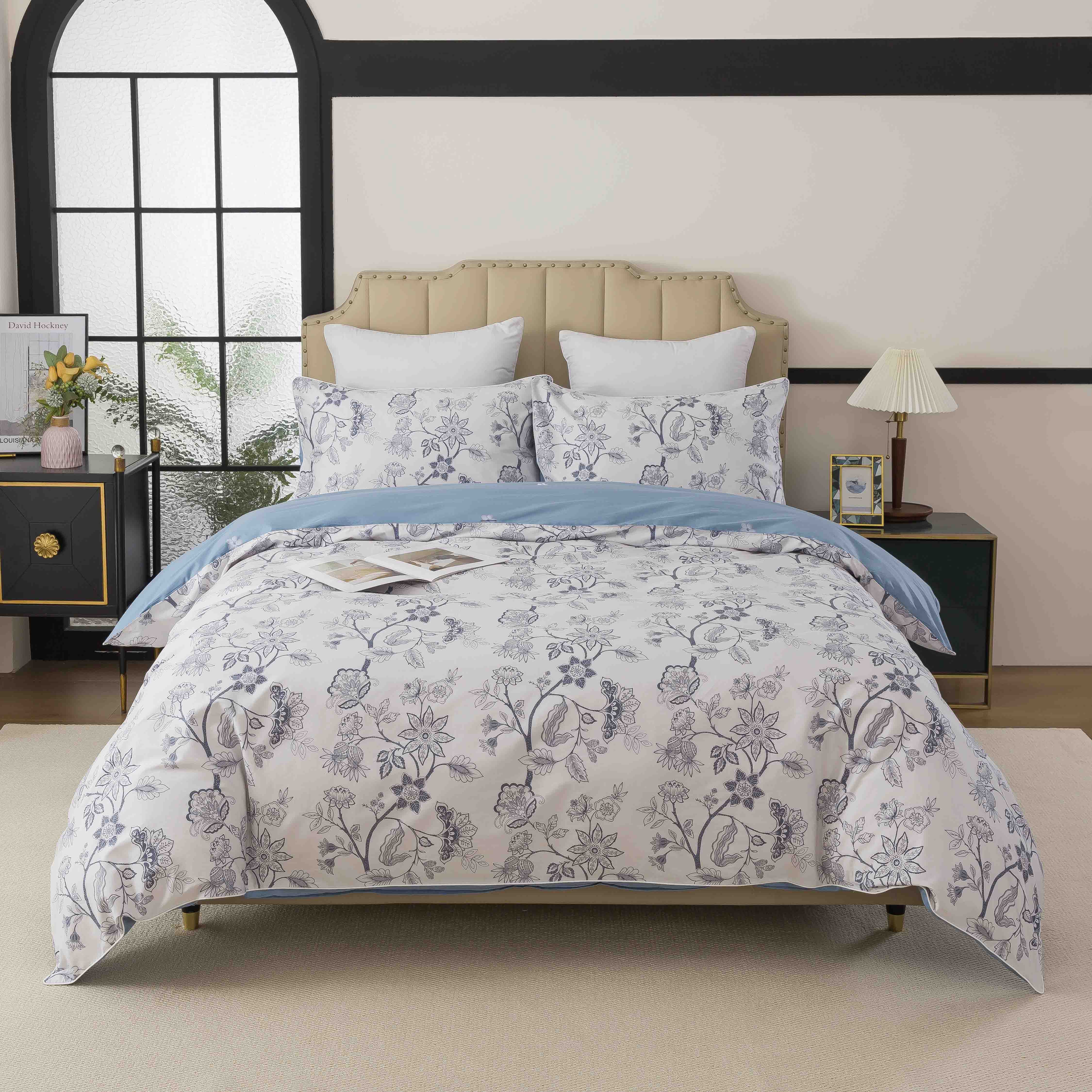 Brandream Bettwäsche Bettwäsche-Set aus 100% Baumwoll, 1 Bettbezug + 2 Kissenbezüge, Baumwolle, 3 teilig, Klassisches Florales Design, Wendebettwäsche in Hellblau