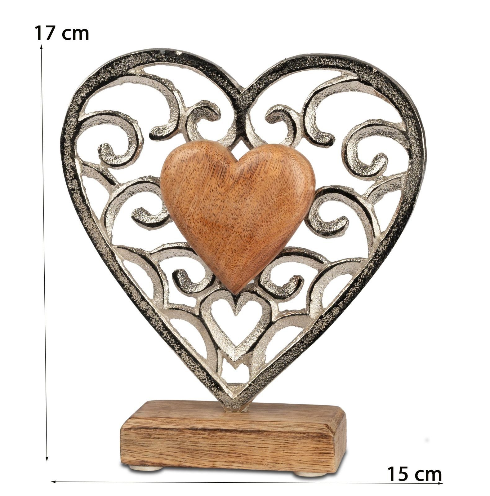 formano Dekofigur Deko Herz Aluminium Mangoholz Sockel 17x15cm Dekoaufstell günstig online kaufen