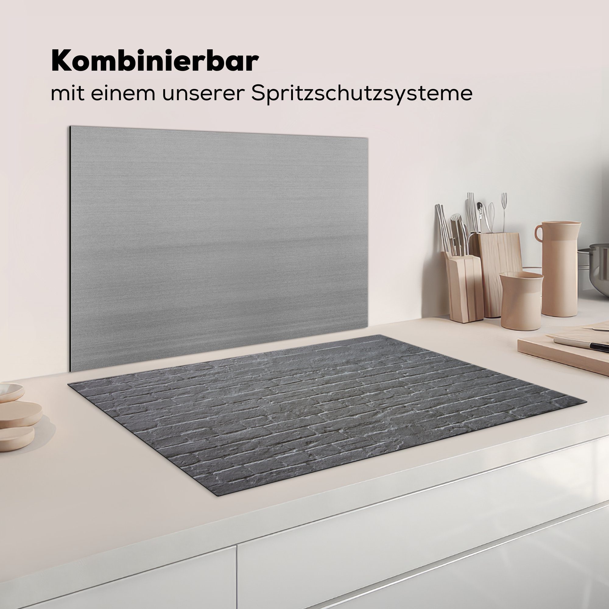 Schutz Vinyl, 81x52 Weiß, MuchoWow küche, Induktionskochfeld - Wand Ceranfeldabdeckung tlg), Herdblende-/Abdeckplatte Schwarz für cm, die - (1