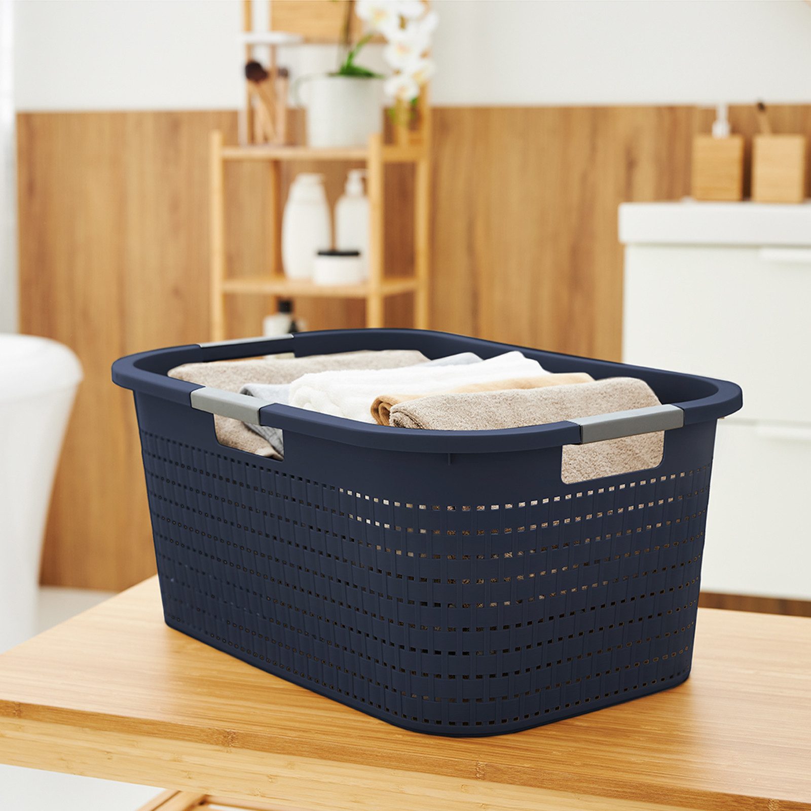 ROTHO Wäschekorb Wäschebox 40L COUNTRY, ergonomische Wäschebehälter mit Griffe, Rattan-Oberfläche ermöglicht Luftzirkulation im Korb – Bild 5 von 5