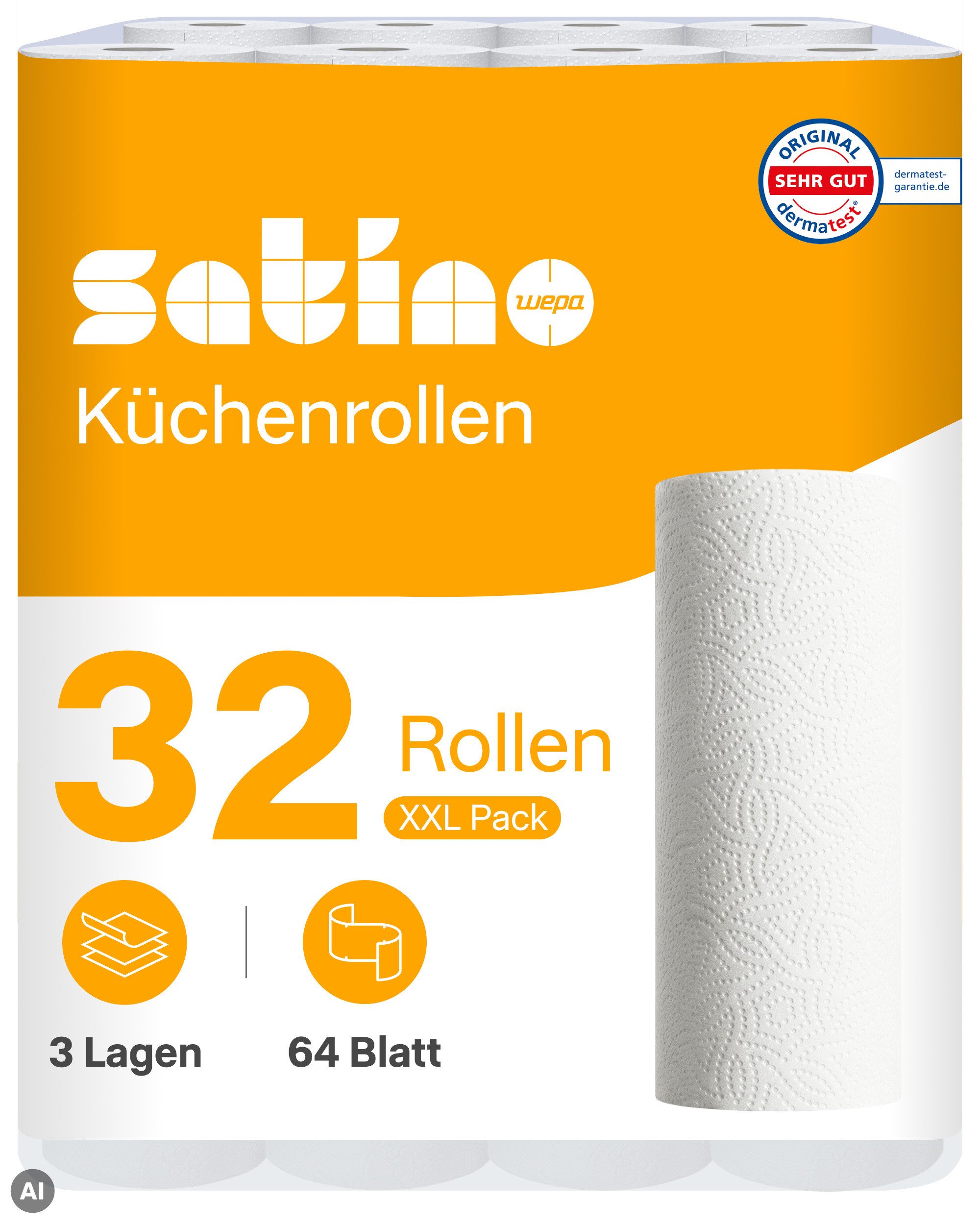 Satino Papierküchenrolle 3 lagig - 32 Rollen - 64 Blatt pro Rolle (32-St)