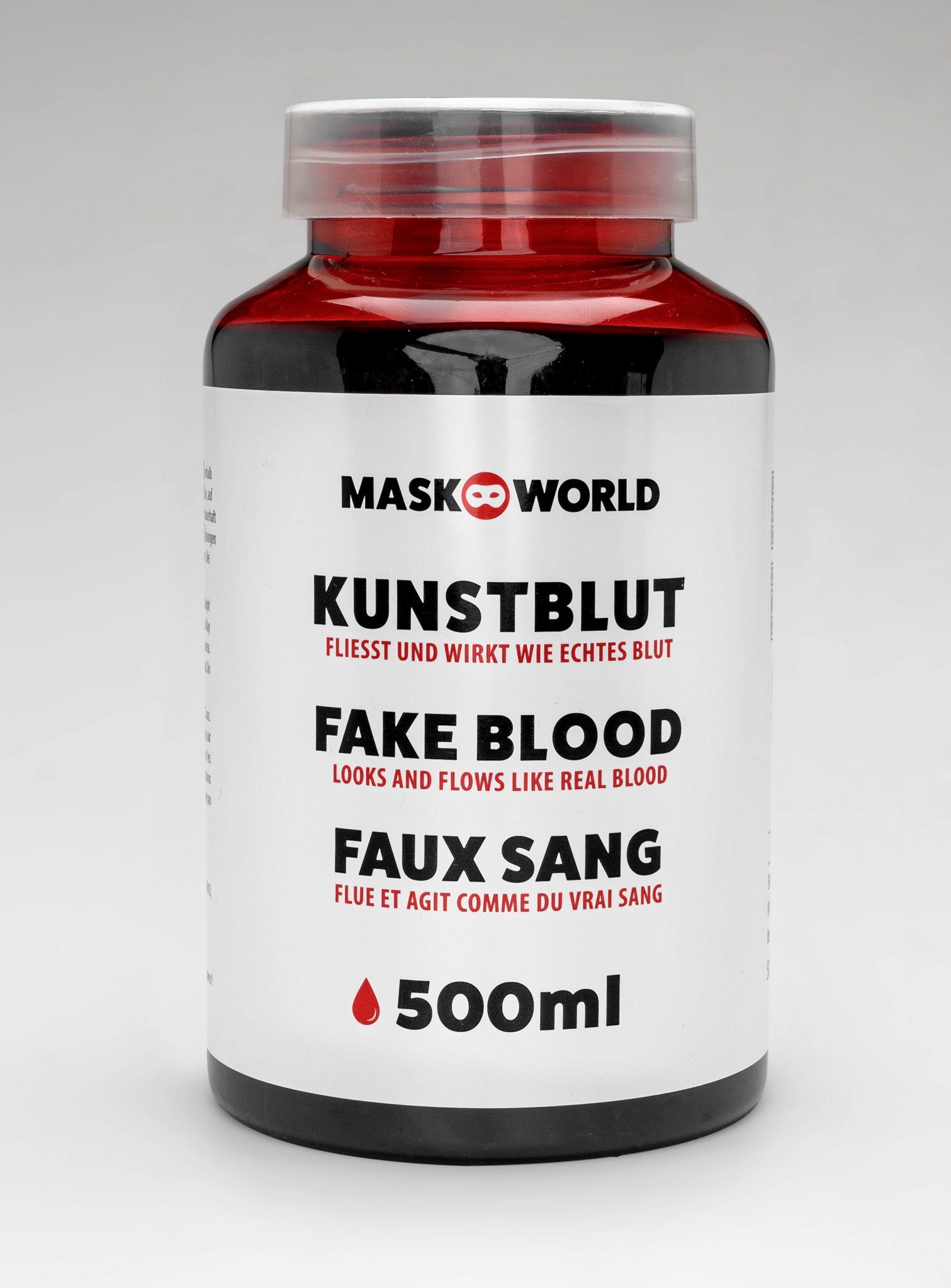 Maskworld Theaterschminke Kunstblut 500 ml Filmblut - Halloween Kostüm Deko (1-tlg), Fließt und wirkt wie echtes Blut – ideal für alle Anwendungen, bei