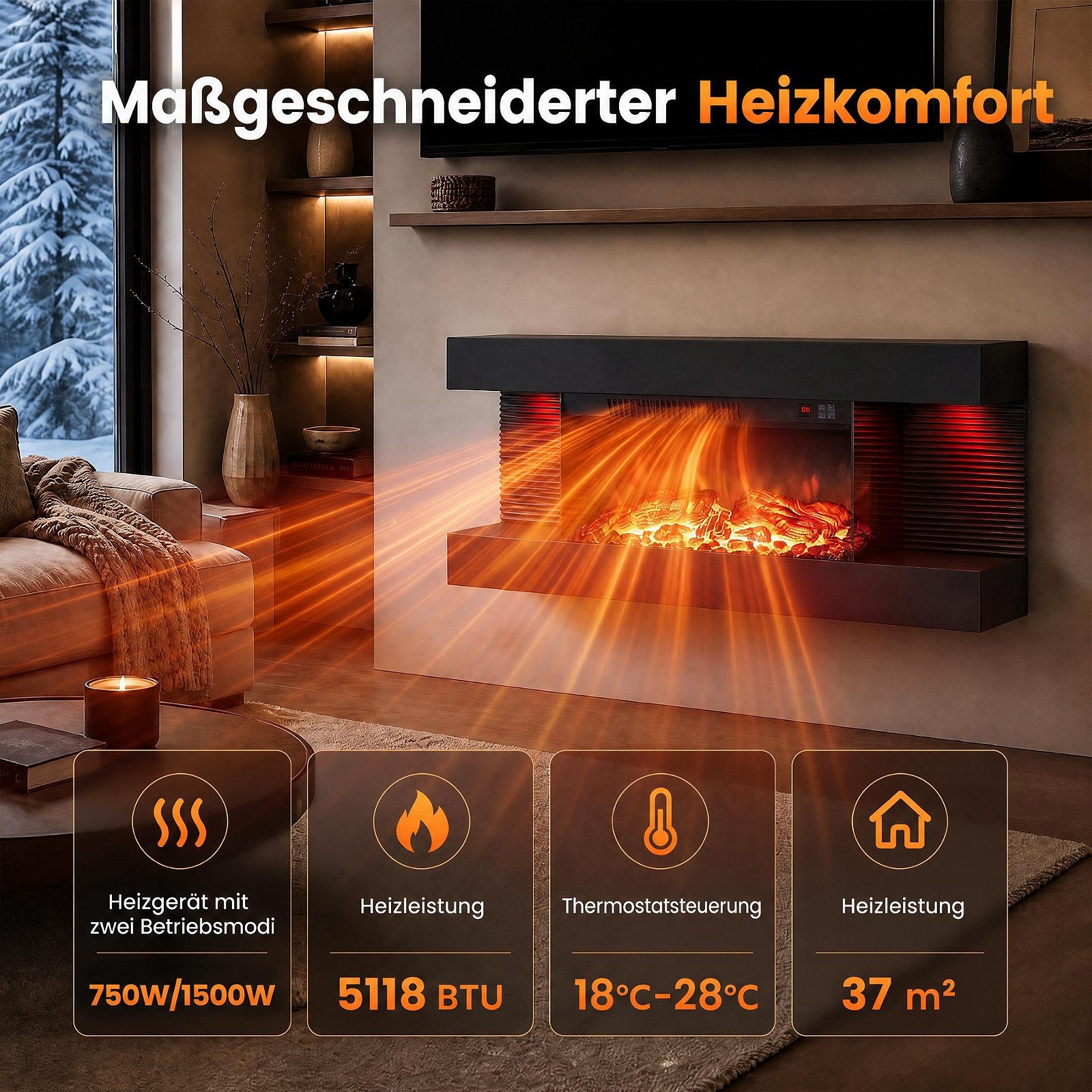 COSTWAY Elektrokamin Wandkamin mit LED-Seitenlichtern, 3D-Flammeneffekt – Bild 4 von 5