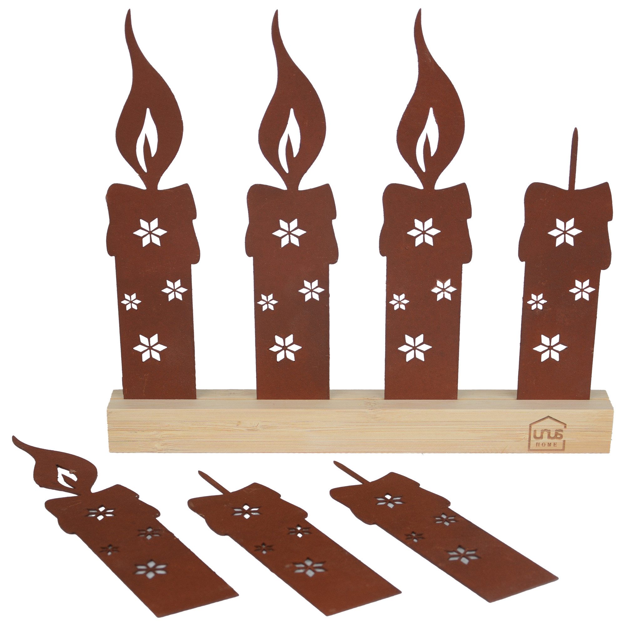 UNUS HOME Kerzenhalter Adventskerzen-Aufsteller (im Rostdesign), Flexibler Adventskranz ohne Flamme Weihnachtsdeko